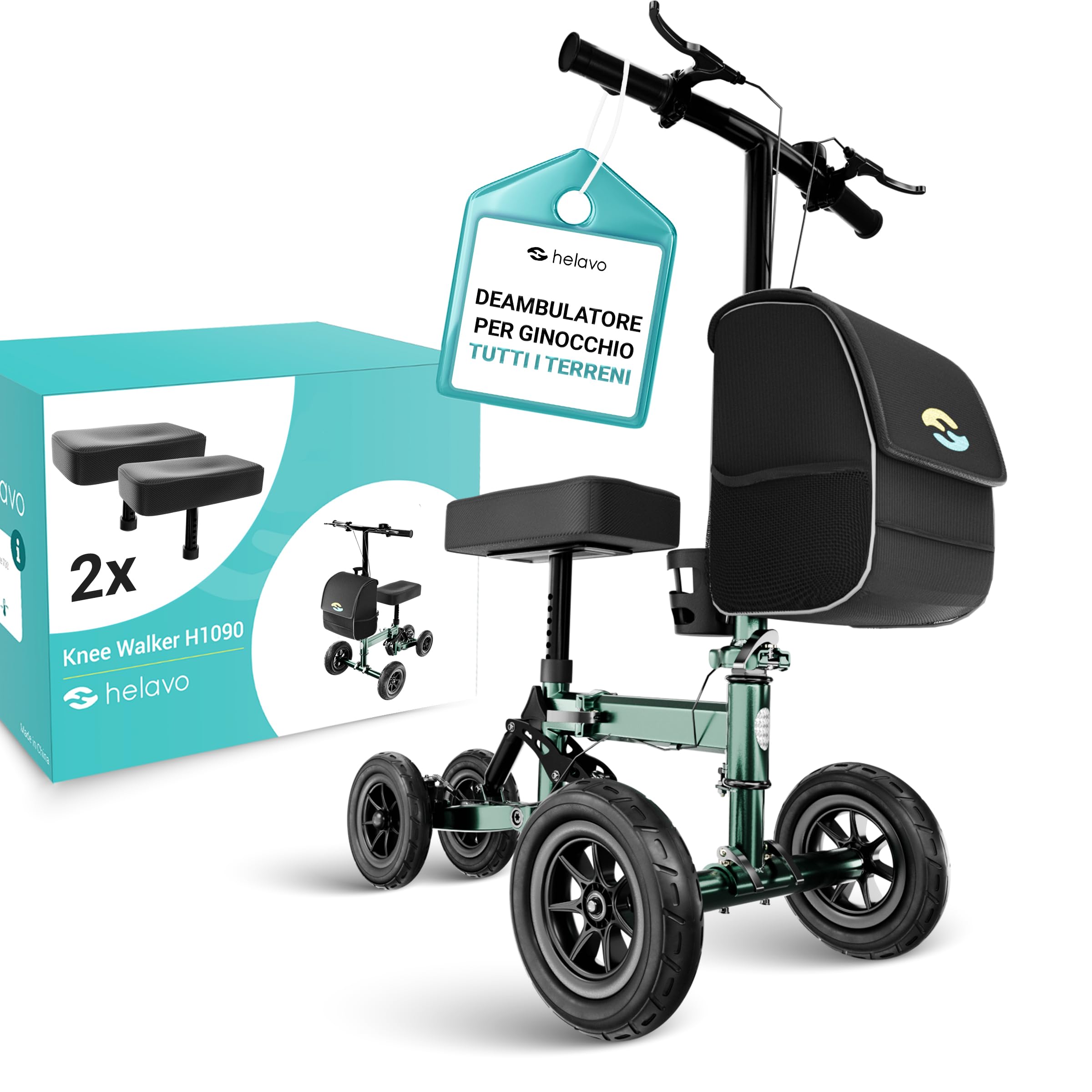 Helavo Scooter per Ginocchio Pieghevole, Deambulatore Ortopedico | Deambulatore ortopedico per ginocchia con 2 ginocchiere - Alternativa alle stampelle - Ruote da 10"/8"