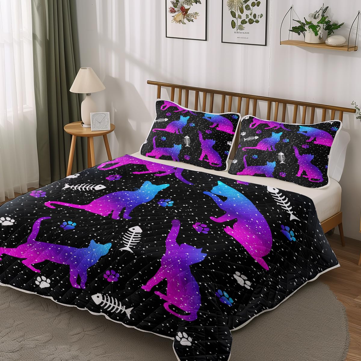 Sleepwish Purple Cat Fishbone Print Quilt Set Soft Lightweight Bed Set Black Bedspread 3pcs for Kids Teens Girls with 1 Quilt and 2 Pillow Covers (Full)