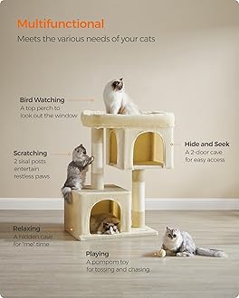 Feandrea Cat Tree, 40.6-Inch Cat Tower, Plush Condo for Extra Large Cats up to 44 lb, Large Perch, 2 Caves, Scratching Post, Beige UPCT614M01