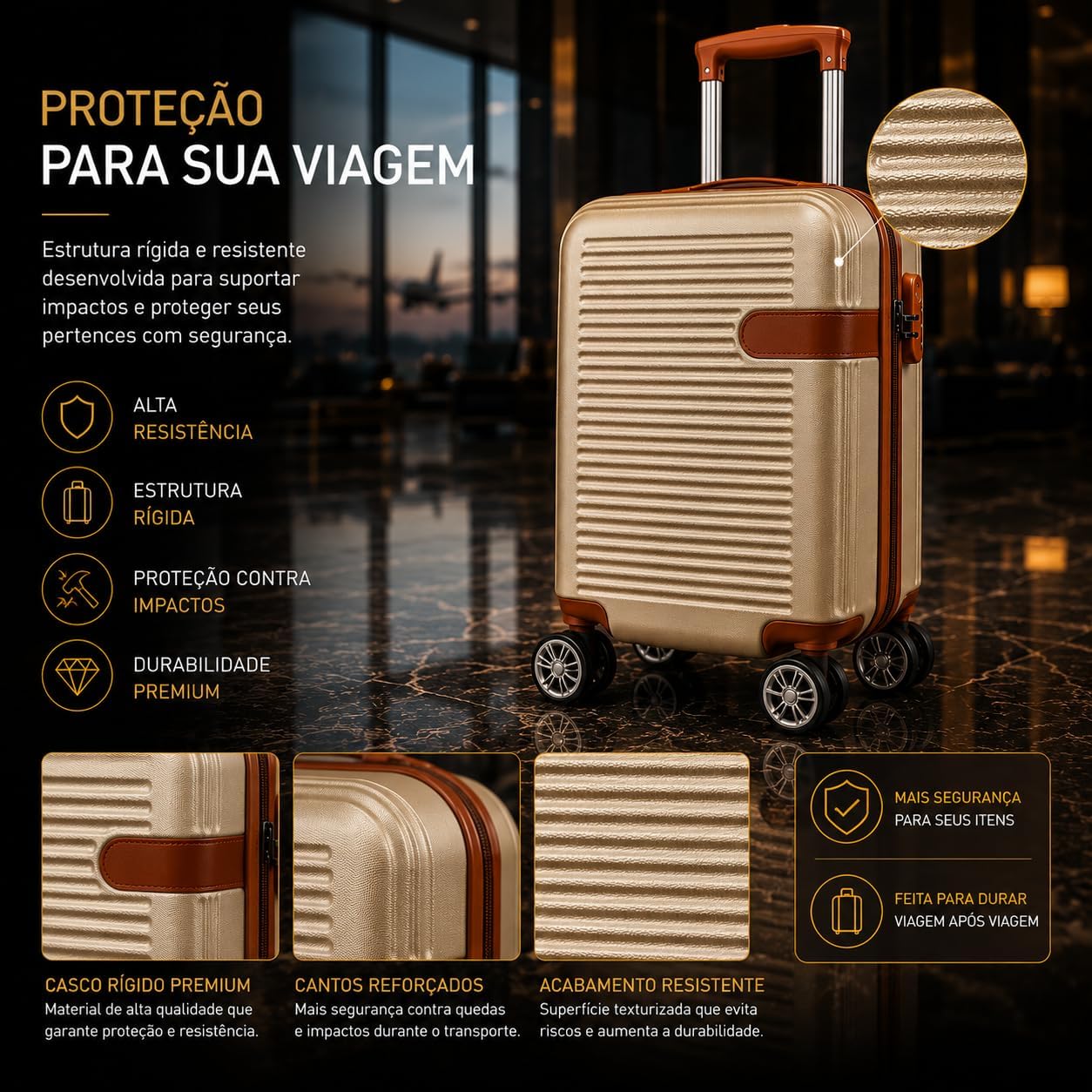 Mala de Bordo Premium 10kg ANAC com Rodas Duplas 360° e Cadeado TSA AntiFurto Rígida Leve Resistente Elegante para Viagens Curtas Avião e Bagagem de Mão Executiva (Champagne) Mala de Bordo Premium 10kg ANAC com Rodas Duplas 360° e Cadeado TSA AntiFurto Rígida Leve Resistente Elegante para Viagens Curtas Avião e Bagagem de Mão Executiva (Champagne)