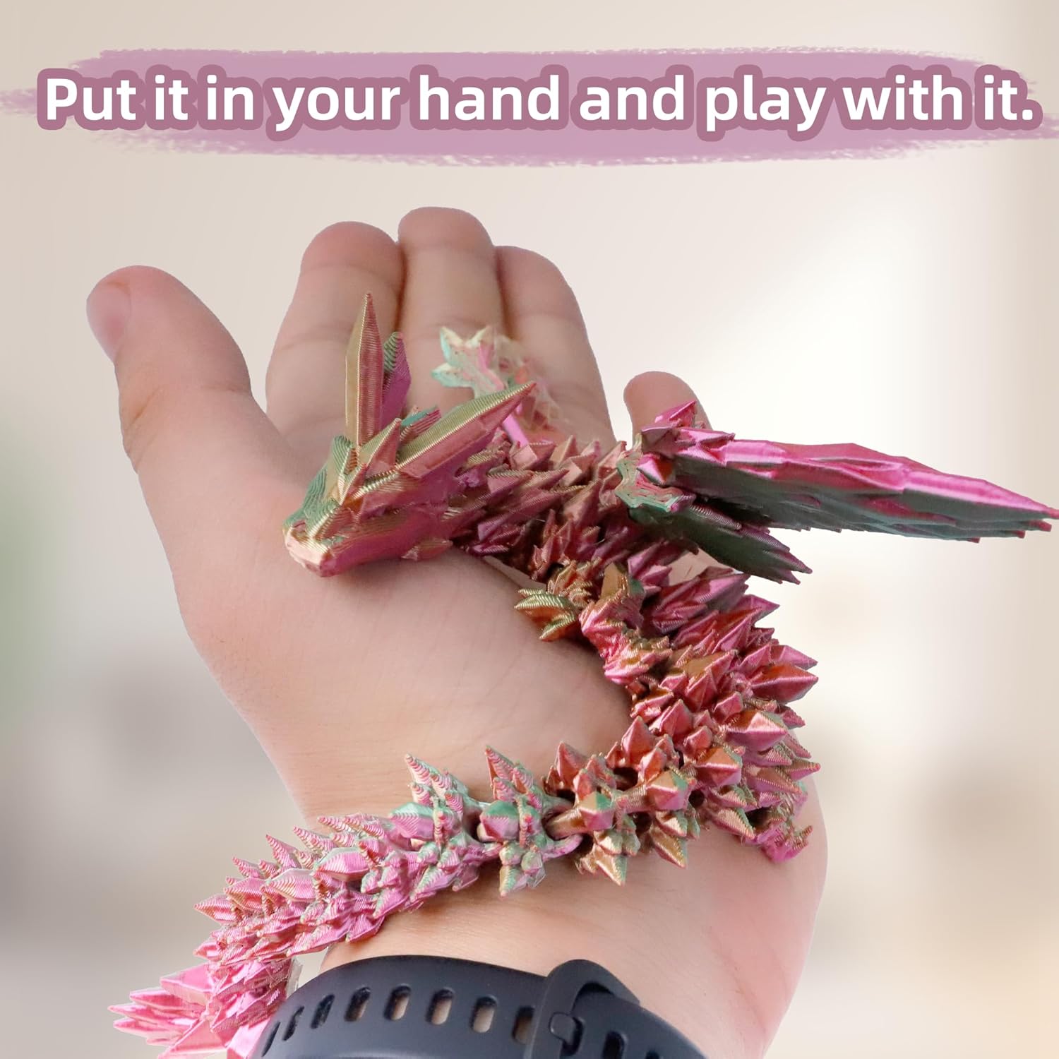 3D Printed Dragon in Egg - Easter Basket Stuffers, Dino Egg with 9" Winged Dragon Inside, Cool Fidget Toy, Birthday Gift, Flexible Desk Pet Figure(Green Fuchsia Gold) - Image 3