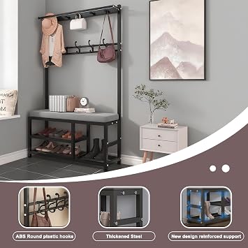 Entryway Coat Rack Shoe Bench, 4 In 1 Hall Tree With Shoe Rack and Hooks for Umbrella Holder Entryway Bench Top Shelf Accent Furniture Carbon Steel Frame(Black)