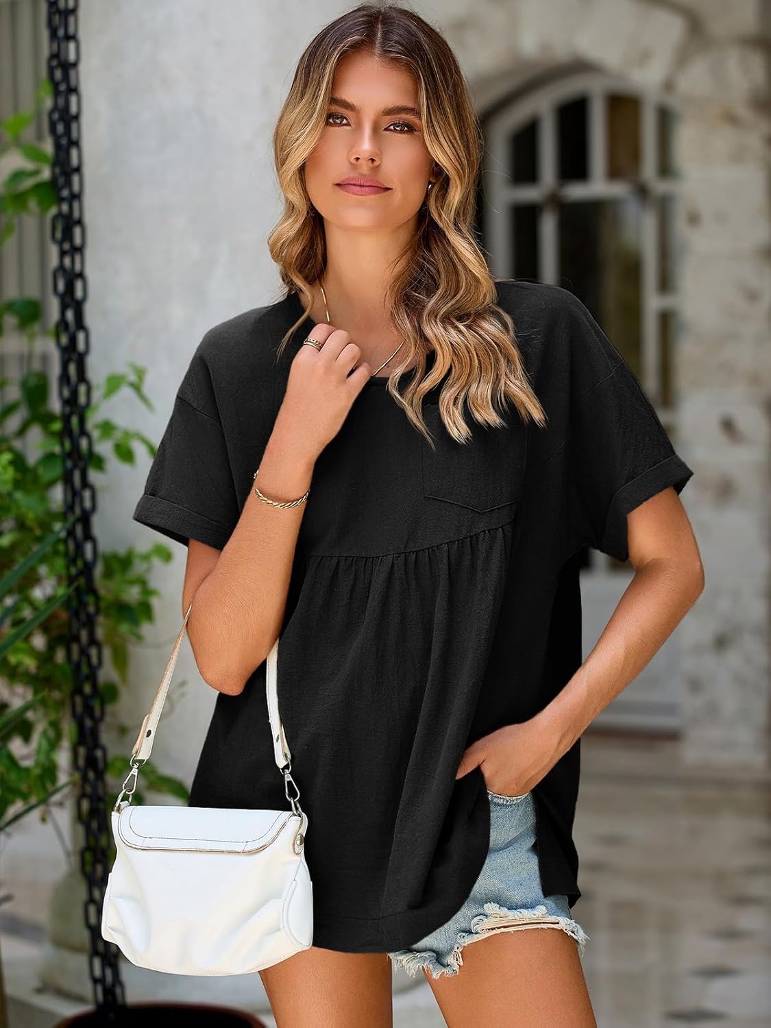 Womens V Neck Babydoll Tops Summer Short Sleeve Oversized Tshirts Casual Loose Fit Peplum Tunic Shirts - Image 3