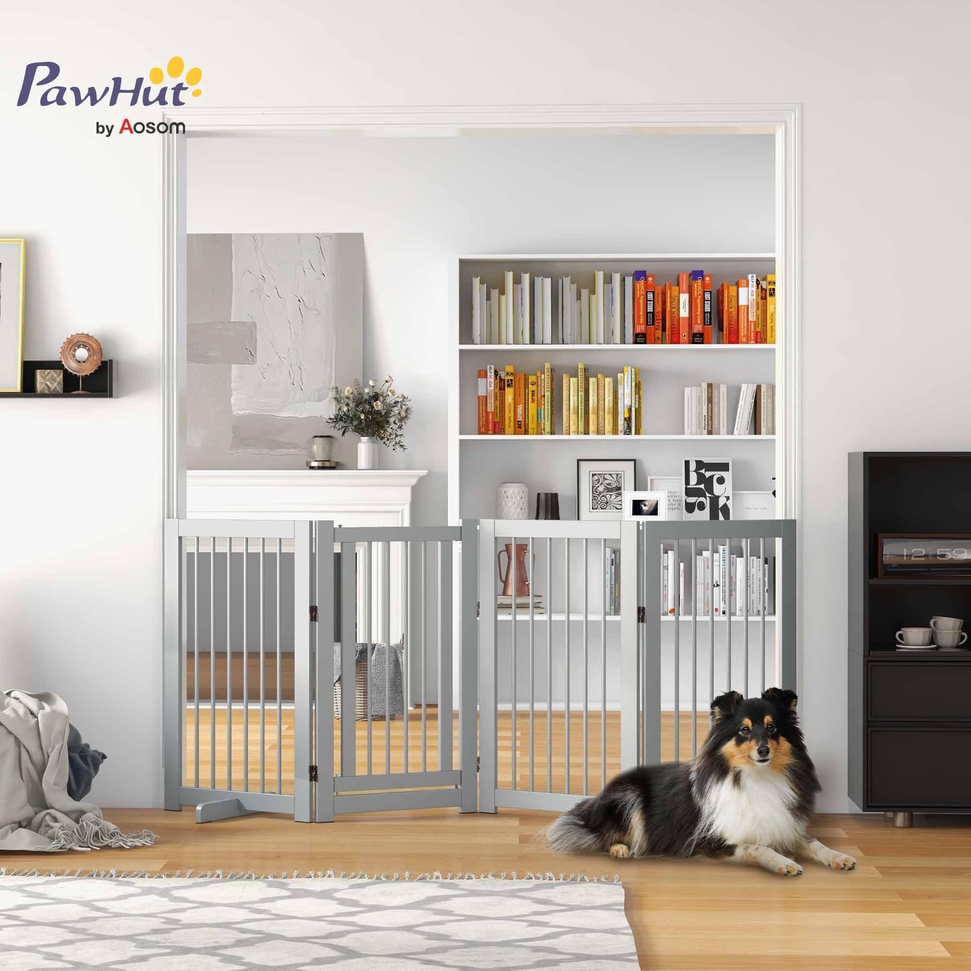 PawHut Barrera para Perros de 4 Piezas, 220 x 91 cm Puerta de Seguridad Plegable con Puerta, Puerta para Perros Independiente con 2 Patas de Apoyo, Puerta de Madera para Pasillo, Cocina, escaleras,