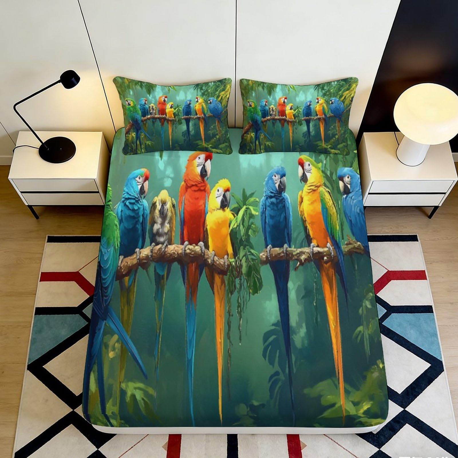 3D Printed Tropical Parrot Fitted Sheet Microfiber Deep Pocket Non-Slip Bedroom Bedding Tropical Parrot Mattress Fitted Cover for Adults Teens 90x200x25cm