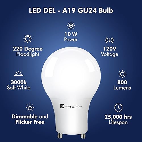 Miniatura 3 de Xtricity Bombilla LED GU24 A19 de dos puntas, base bi-pines, regulable, 10 W (equivalente a 60 W) 120 V, 800 lúmenes, 3000 K blanco suave, listado