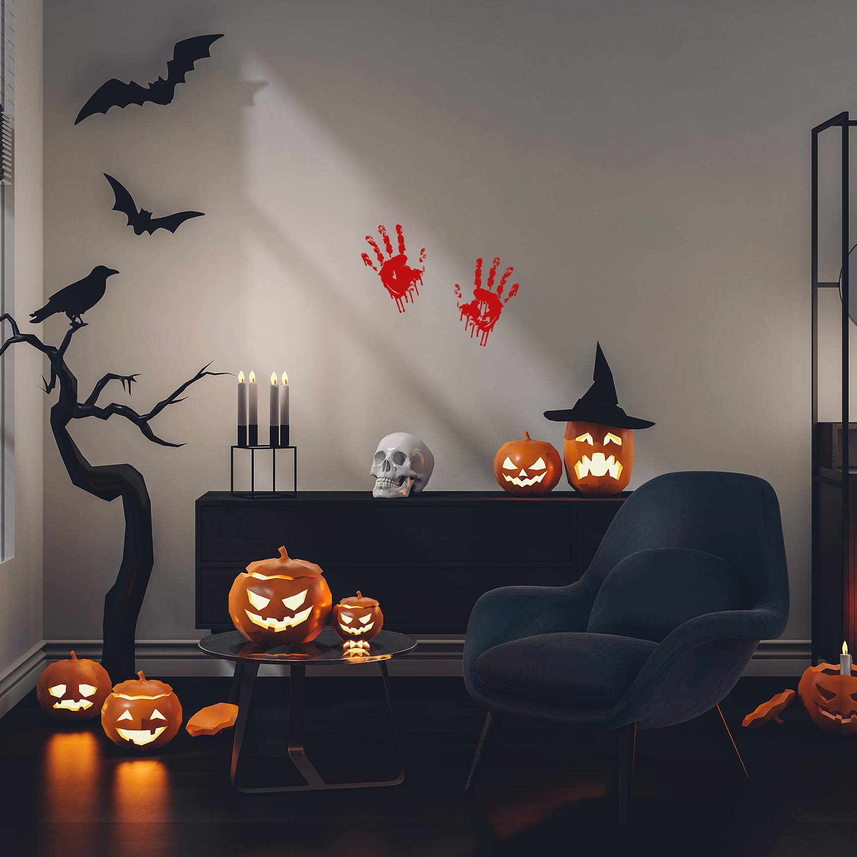 Autocollants Halloween Fenêtre - Main Sanglante Et Fantômes, Décorations Effrayantes 96x43 Cm - 9