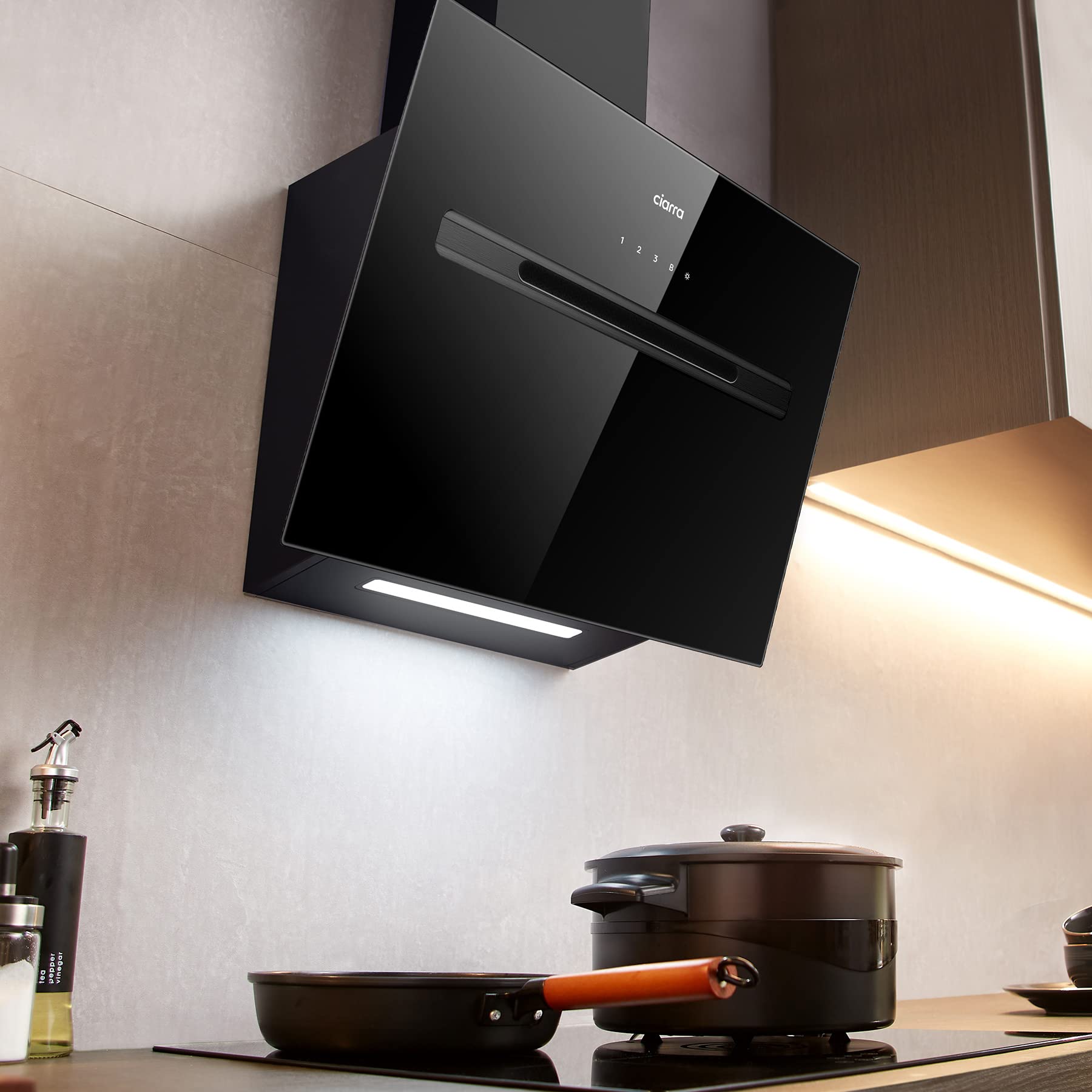 CIARRA ASB6736G A+++ Hotte Aspirante 60cm - WIFI Hotte Inclinée 700m³/h - 4 Vitesses - Fonction Booster - Contrôle WIFI + APP - Éclairage LED Dimmable de 2 Niveaux Luminosité - Noir