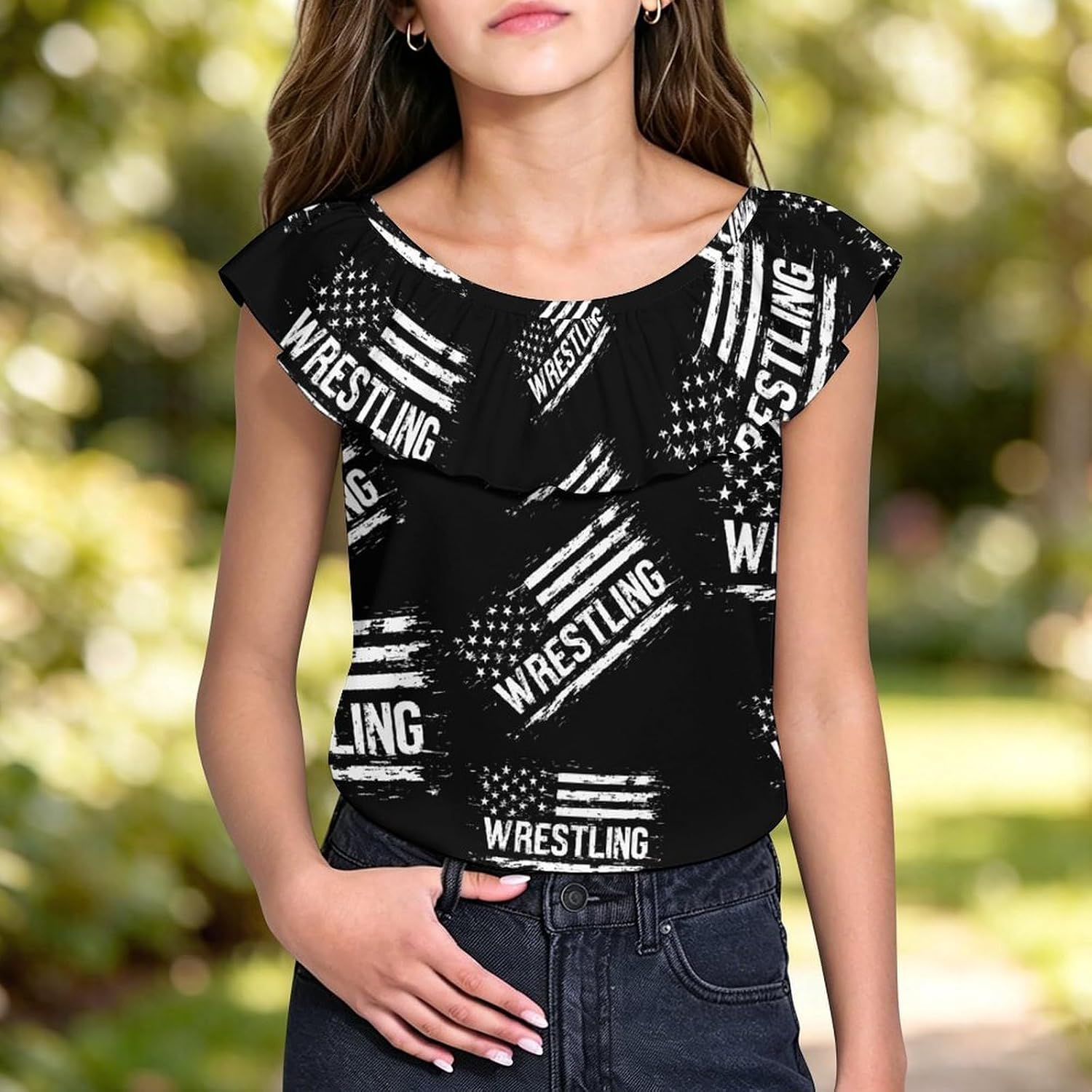 U.S.A Flag Wrestling Girls T-Shirts Top Ruffle Short Sleeve Blouse Casual Graphic Tees