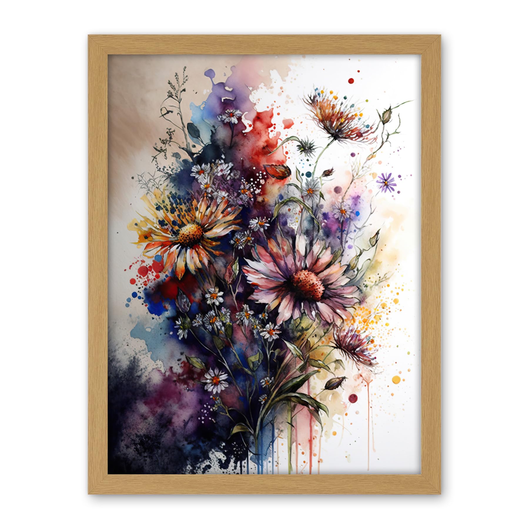 Artery8 Flower Bouquet over Watercolour Splat Illustration Artwork Framed Wall Art Print 18X24 Inch
