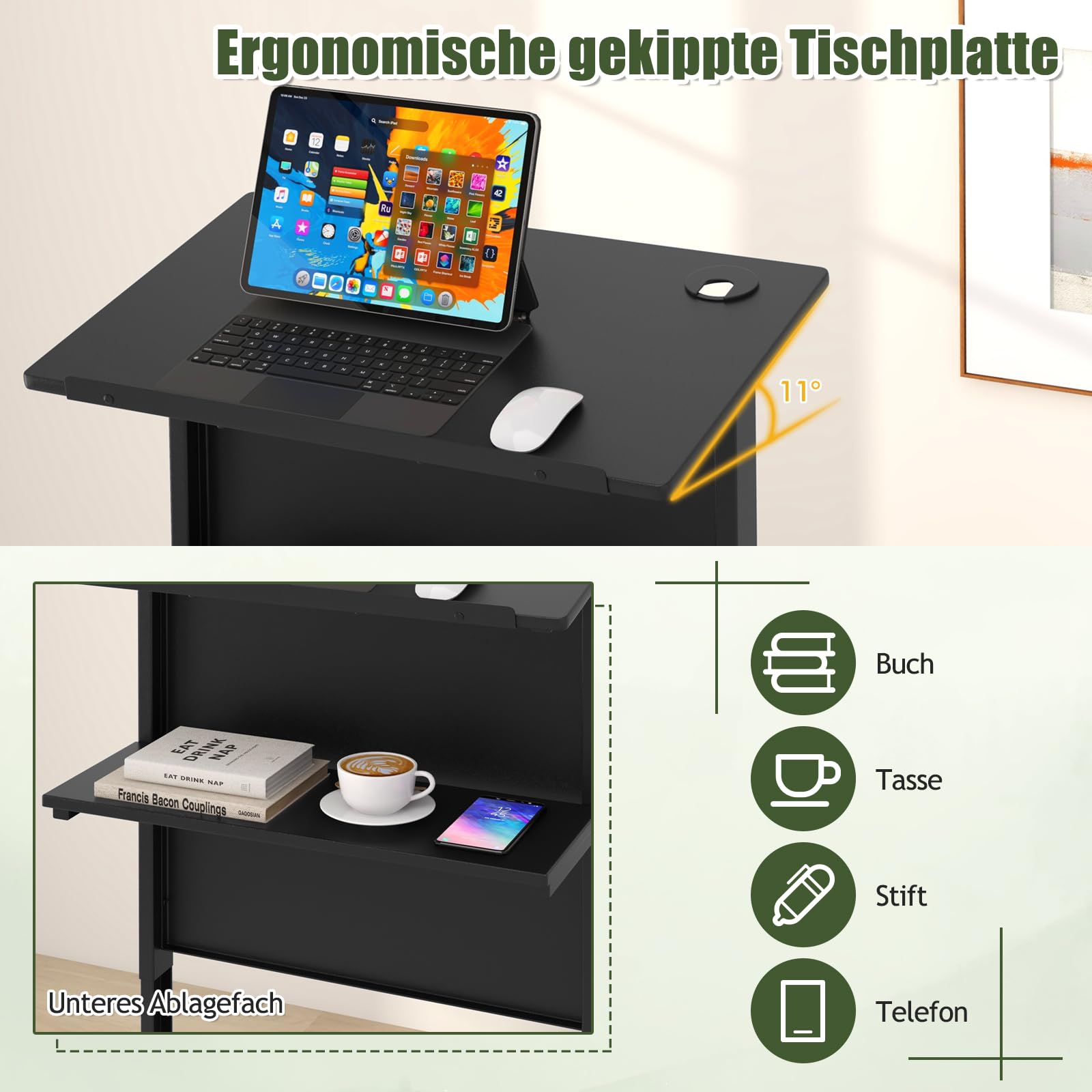GYMAX Stehpult, Rednerpult mit 4 Rollen, höhenverstellbar Schreibtisch mit stabilem Metallrahmen, Ablagefläche & Kabelloch, Laptoptisch, mobiler Stehtisch für Büro & Zuhause, 60 x 40 cm, Schwarz