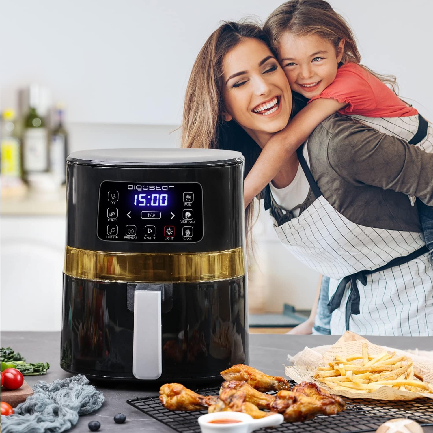 Aigostar Maha - Friggitrice ad aria 7 in 1 da 4 L con finestra di visualizzazione con controllo dellilluminazione indipendente, cestello antiaderente. Friggitrice senza olio 1600 W, nero Aigostar Maha - Friggitrice ad aria 7 in 1 da 4 L con finestra di visualizzazione con controllo dellilluminazione indipendente, cestello antiaderente. Friggitrice senza olio 1600 W, nero