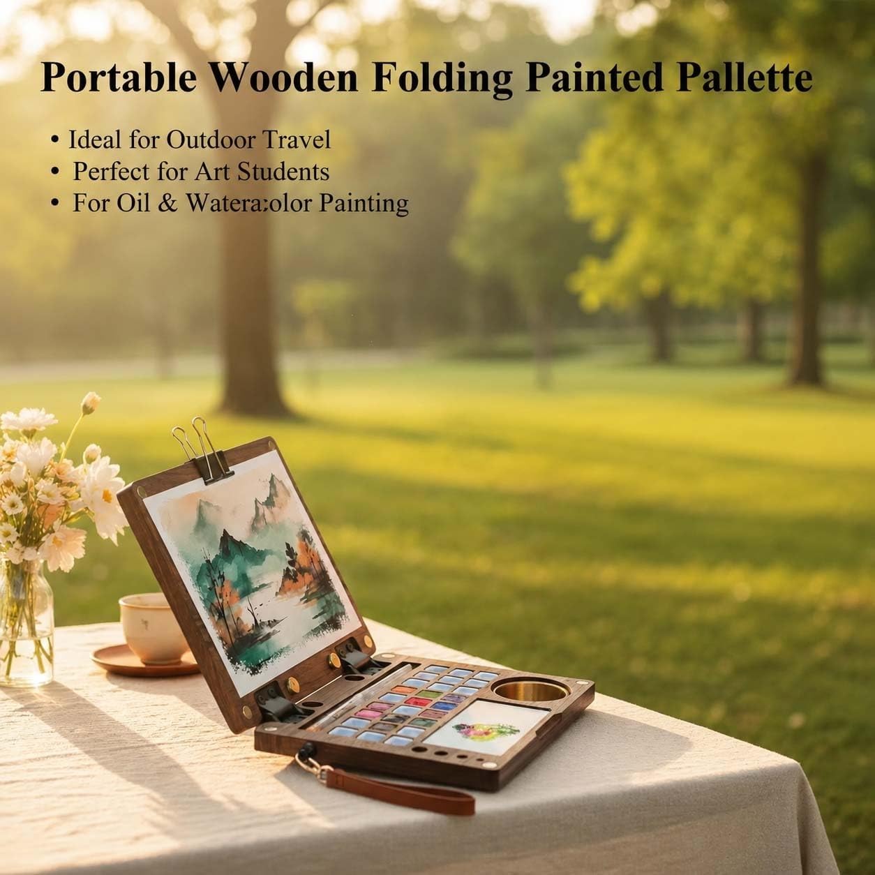 Kit de paleta de acuarelas de viaje con 27 compartimentos, caja de pintura de madera de nogal negro con recipiente para limpiar pinceles, correa de mano y clips metálicos, para artistas