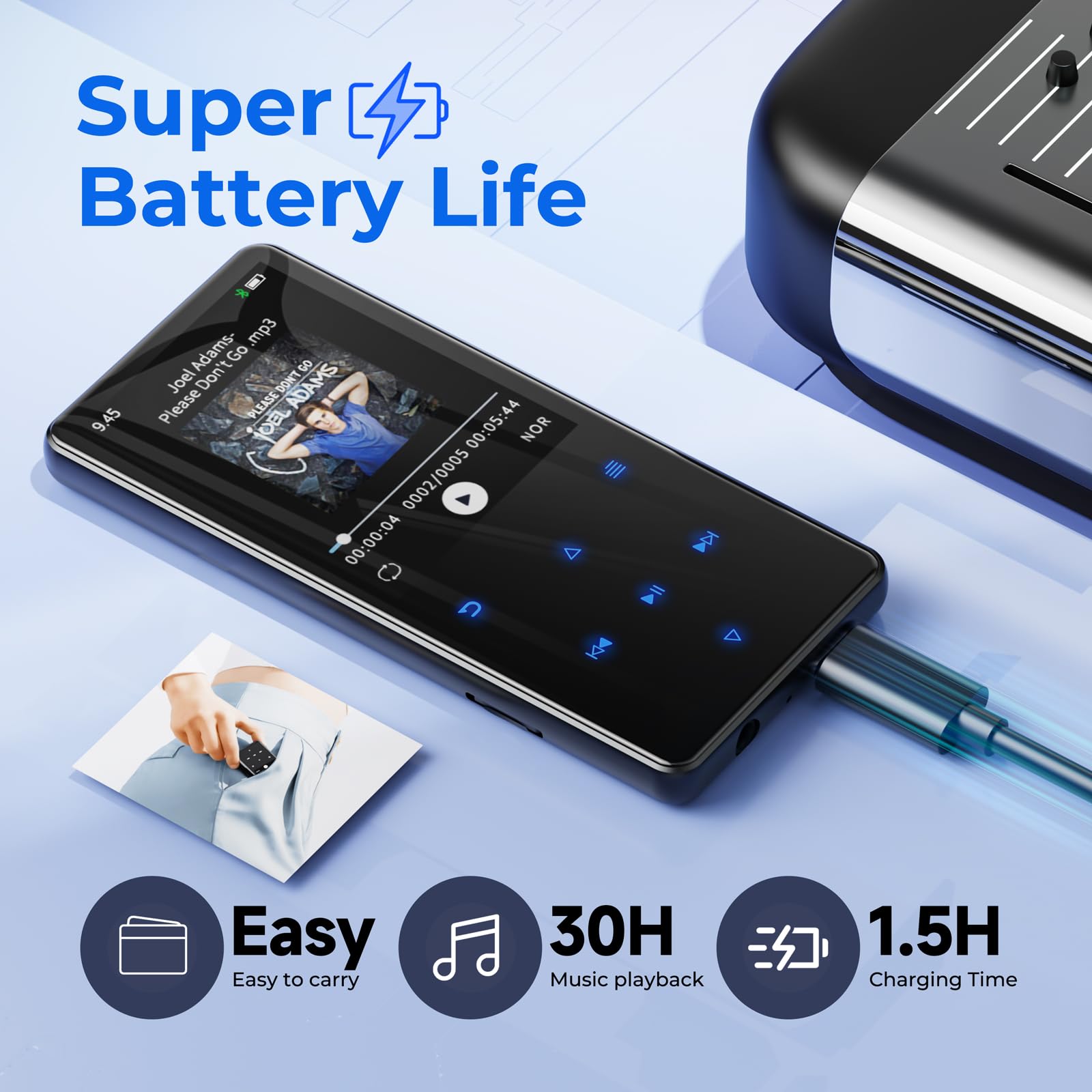 64 GB MP3-speler Bluetooth 5.3 met clip voor kinderen, draagbare hifi-sportmuziekspeler (28 g), FM-radio, stappenteller, voicerecorder, willekeurige weergave en herhaling, TF-kaart tot 128 G
