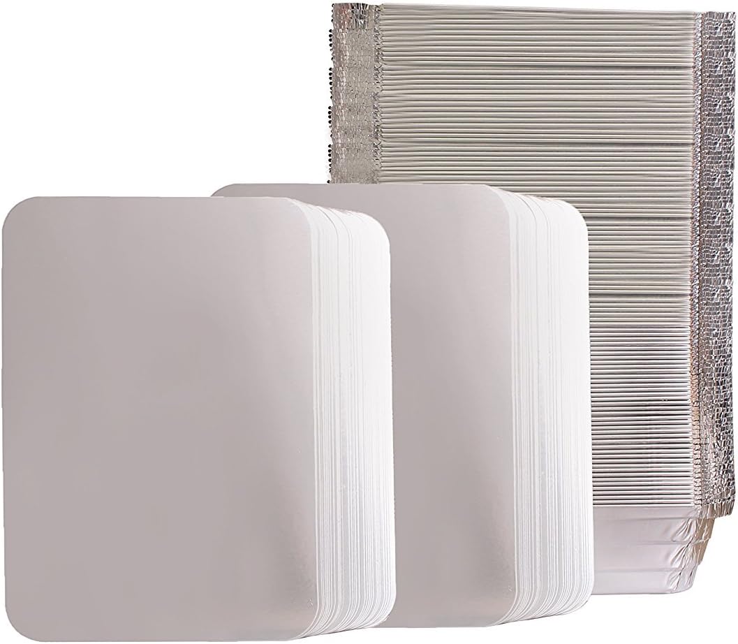 PARTY BARGAINS2.25 Lb Disposable Aluminum Pans with Board Lids - [100 Pack] 8.4" x 5.9" Steam Table Pans and lids Sets for Cooking, Heating, Storing, Prepping Food
