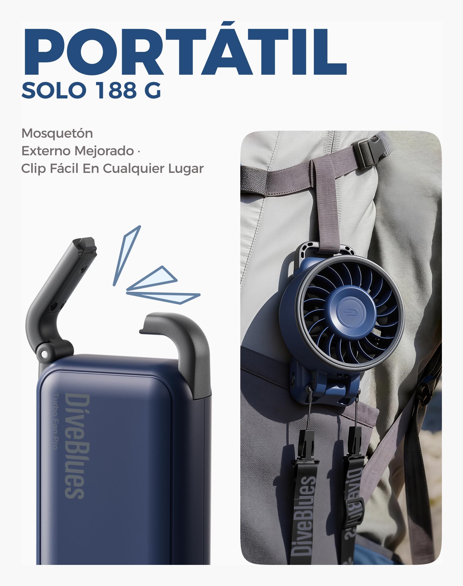 Diveblues Ventilador de Mano Turbo Portátil, 100 Velocidad, Flujo de Aire Potente de 7,4 m/s, Mini Ventilador Plegable 180° 4-en-1 para Mano, Cuello o Mesa, Recargable para Verano, Viajes y Exterior — view 9