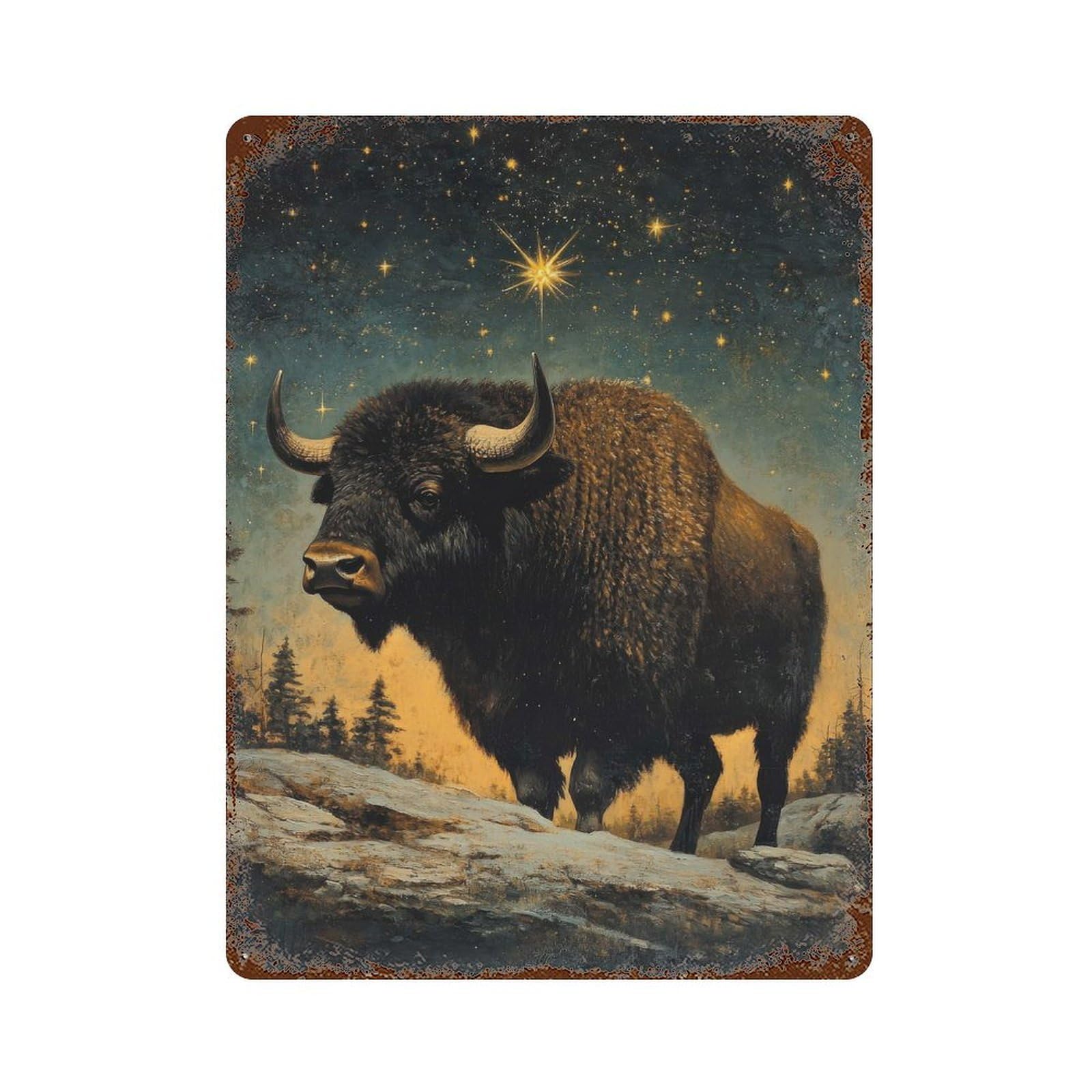 Bison Under Starry Sky Rusty Metal Tin Sign 15.7"x11.8", Ideal for Patio, Garden Room And Bar Decor