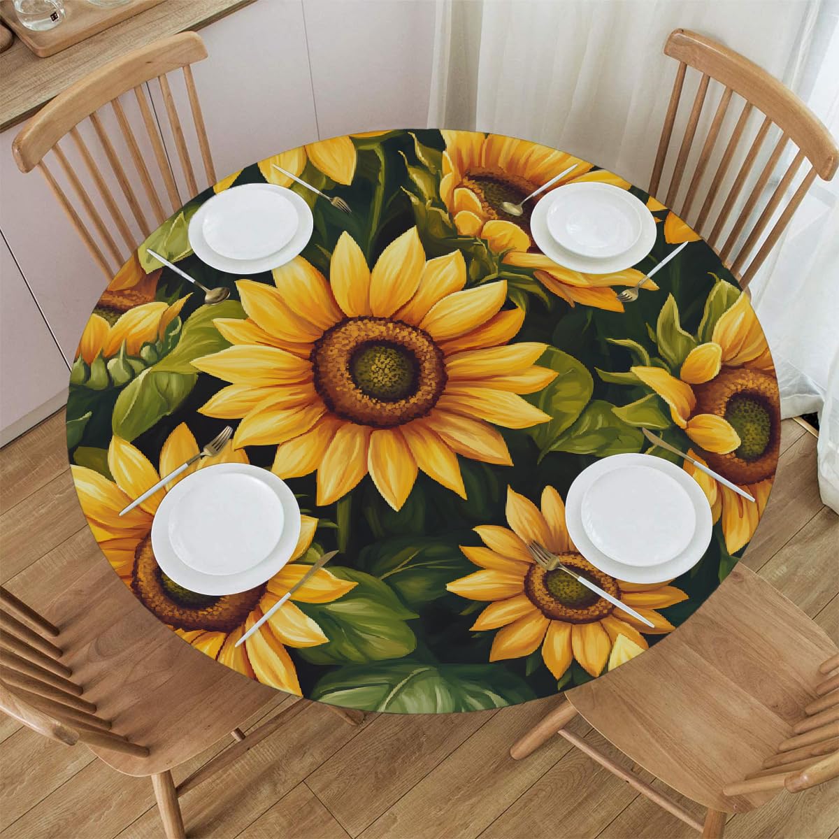 KNEMI Sunflower Fitted Round Tablecloth with Elastic Edge, Waterproof Table Cloth Wipe Clean Round Table Cover for Outdoor Garden Patio Dining Table, Fits Round Tables up to 40"- 44" Diameter