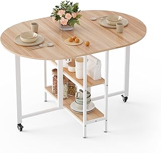 Mobile Folding Dining Table, Drop Leaf Table with 2 Open Storage Shelves, Round Edged Design, Small Spaces Dining Room Kitchen, 120 x 80 x 75 cm, Oak and White