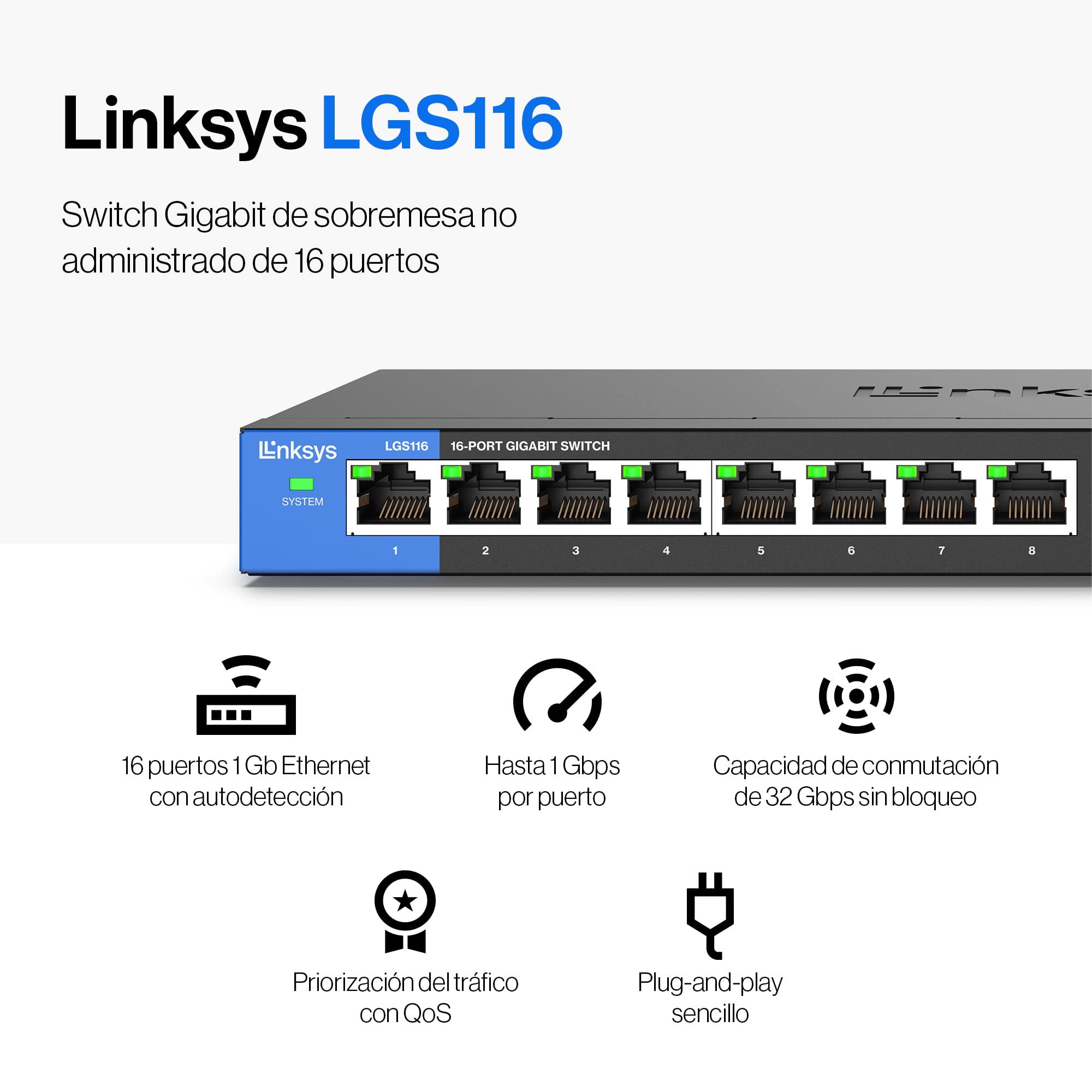 Linksys LGS116-EU switch de red no administrado Gigabit de 16 puertos, concentrador Ethernet para casa y oficina con carcasa metálica, montaje de sobremesa o en pared, divisor Ethernet, plug and play