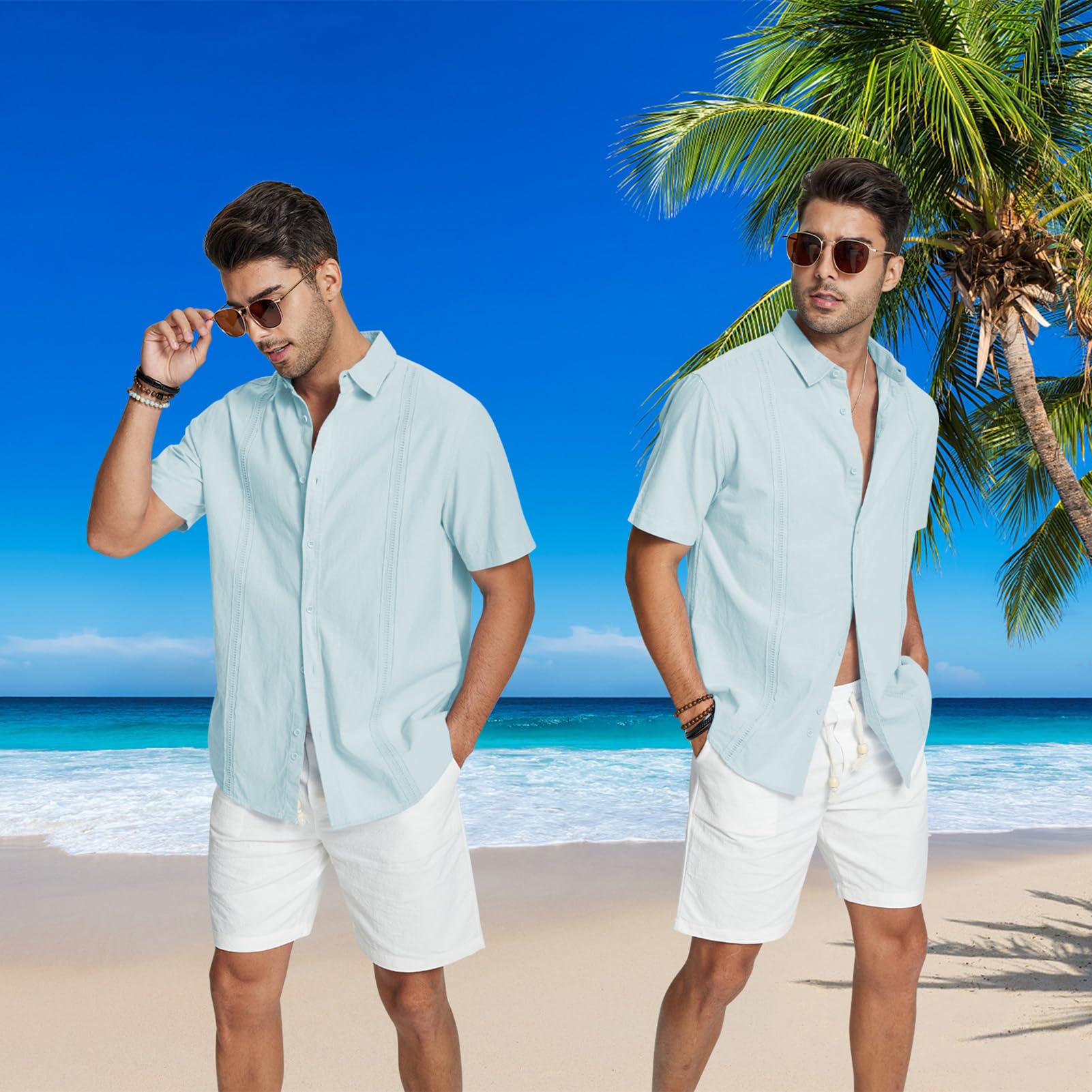 Friptspyg Uomo Camicia Lino Cotone a Maniche Corte Casual Guayabera Camicia da Spiaggia vestibilità Regolare Stile Cubano Camp Estive