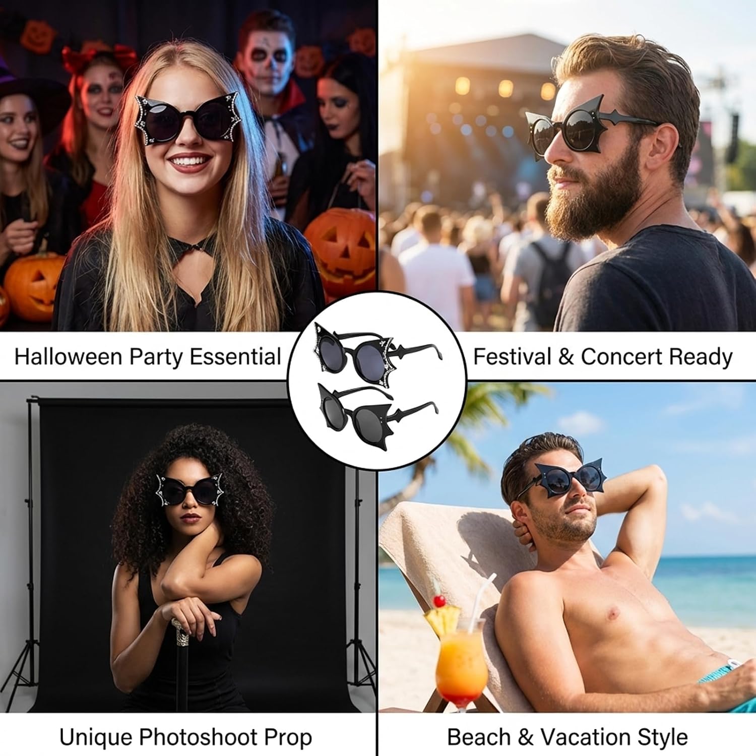2PCS Bat Sunglasses, Gothic Sunglasses for Halloween Parties and Cosplay Events, Stylish Eyewear for Themed Celebrations and Social Media Photography, PC Material
