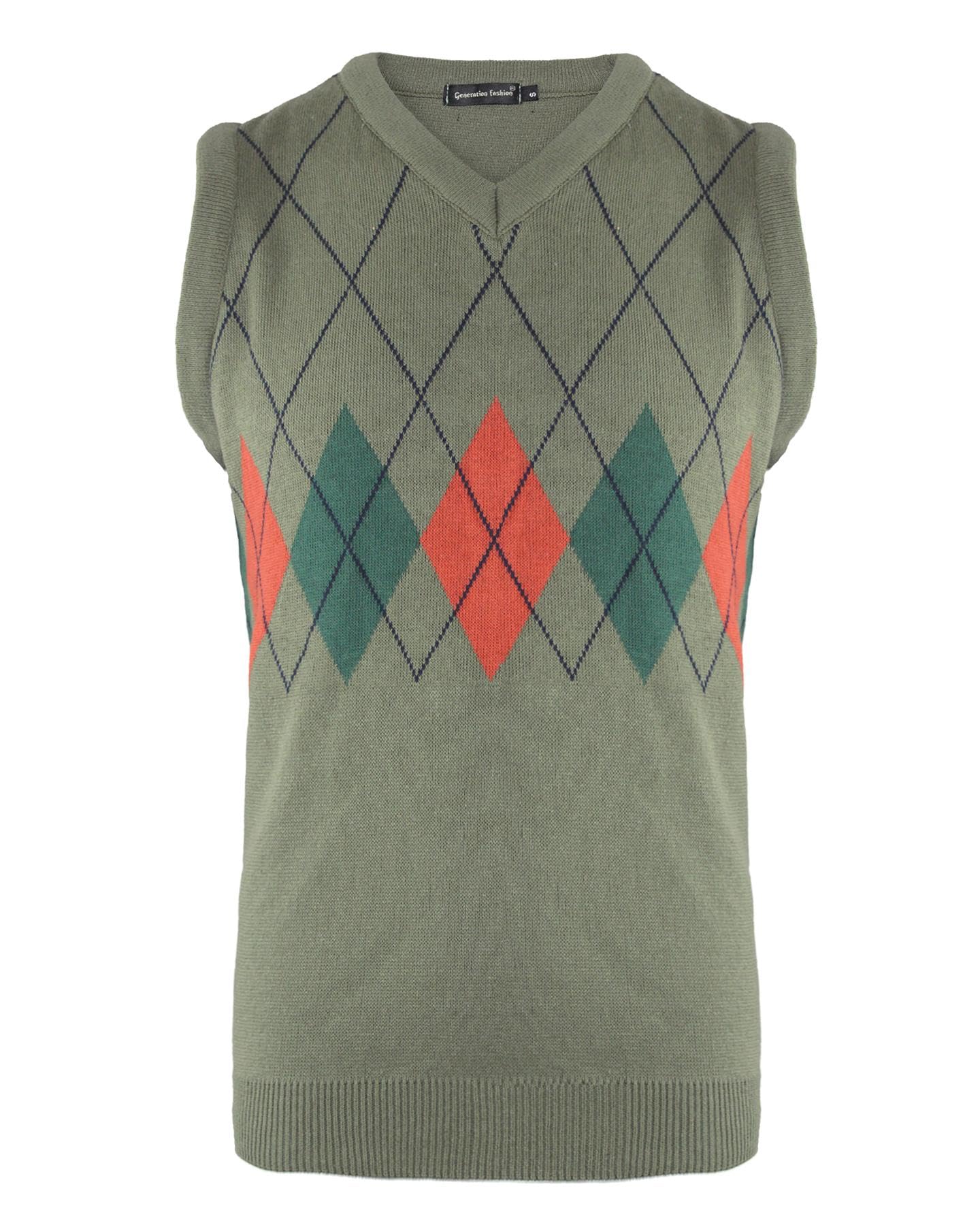 Generation Fashion Men's Khaki-Orange New Classic V-Neck Knitted Sleeveless Vest Jumper Top Sweater With Ribbed Edge Argyle Knit S-3Xl[, 3XL]