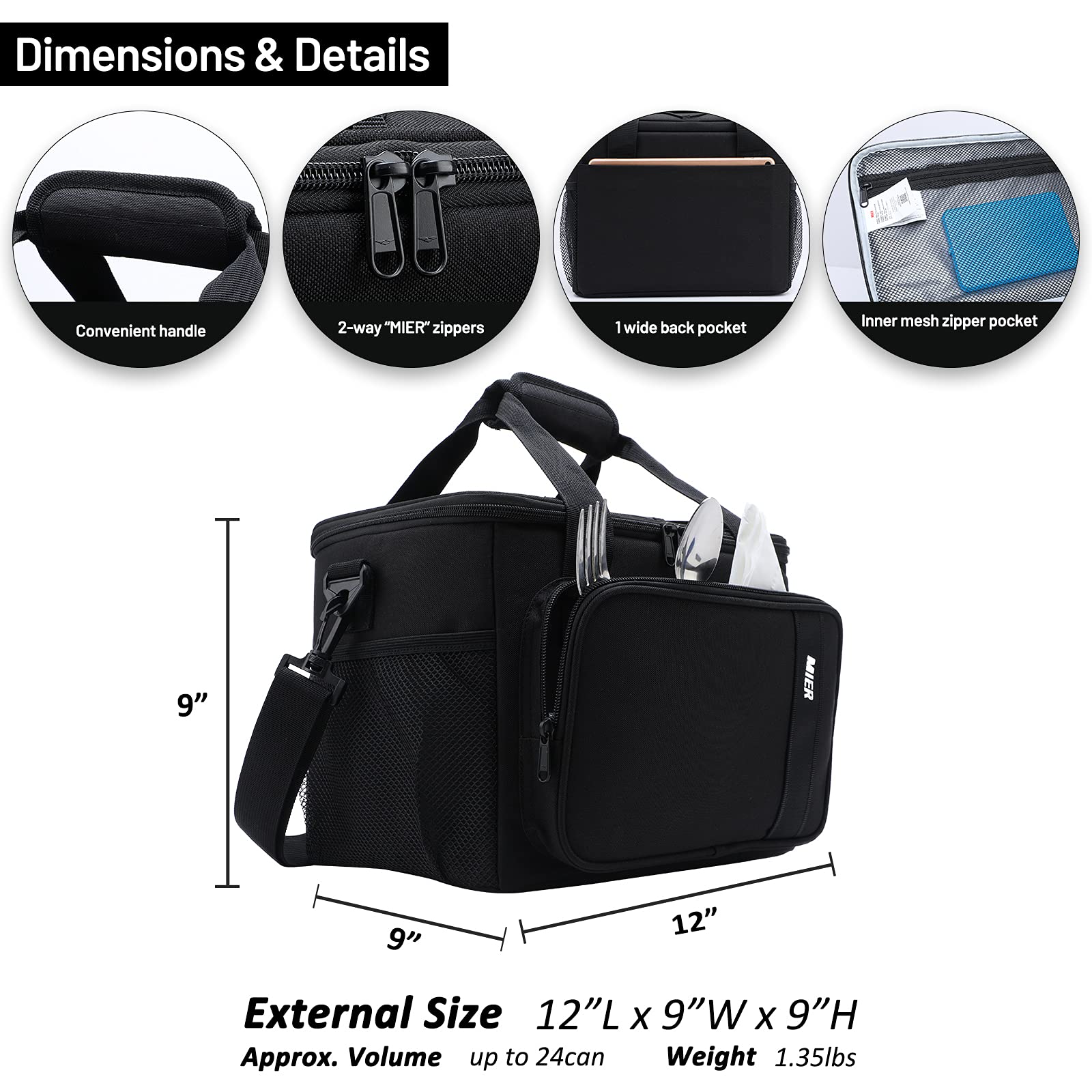 MIER Large Lunch Bag for Men Adult Insulated Lunch Box Cool Bags with Shoulder Strap Leakproof Lunch Cooler with Multiple Pockets for Work Picnic - Image 4