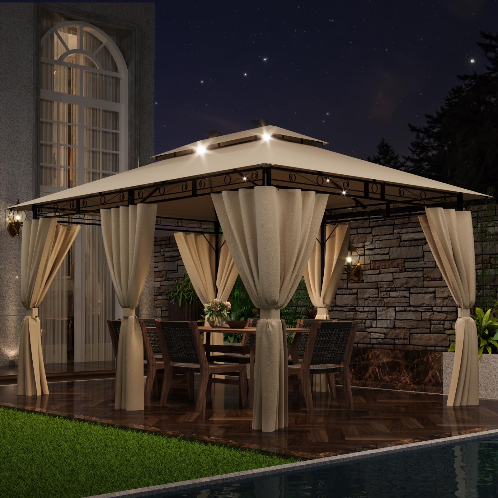 TRIUMPHKEY Pavillon 3x4 Wasserdicht Stabil Winterfest, Garten Pavillion mit seitenwänden, UV-Schutz 50+, Plane Gartenlaube, Metallrahmen Pavillon, Patio Gazebo, Beige mit LED