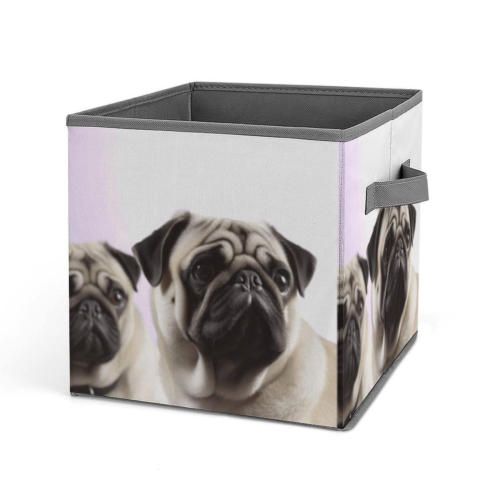 Pug Dog Storage Baskets Collapsible, Exquisite Pattern Cube Box, Canvas Fabric Storage Bins with Handles, Clothe Organizer Box for Home Decorative Office Bedroom