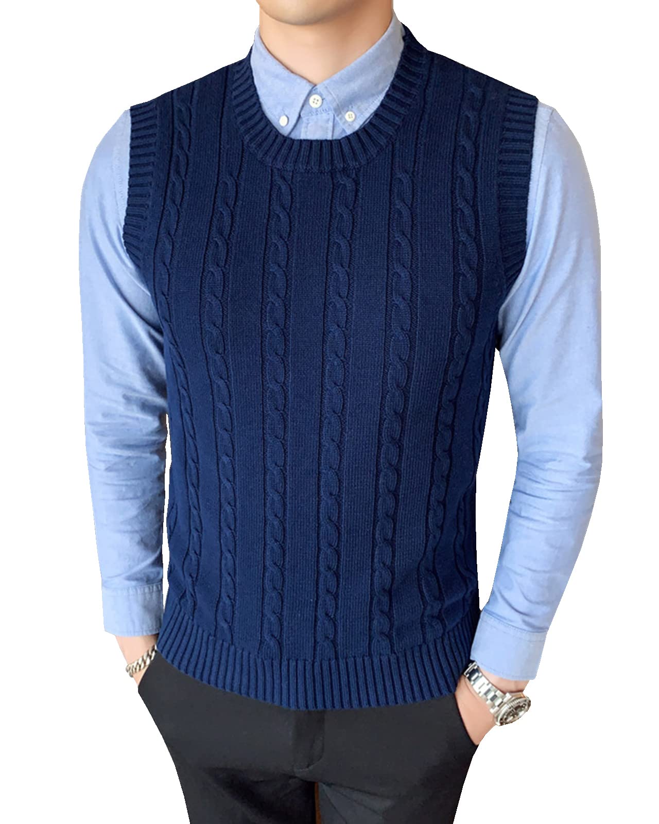 Yishengwan Men's Dark Blue Gilets Round Neck Sleeveless Jumper Vest Warm Knitwear Knitted Waistcoat Sweater Tank Tops L
