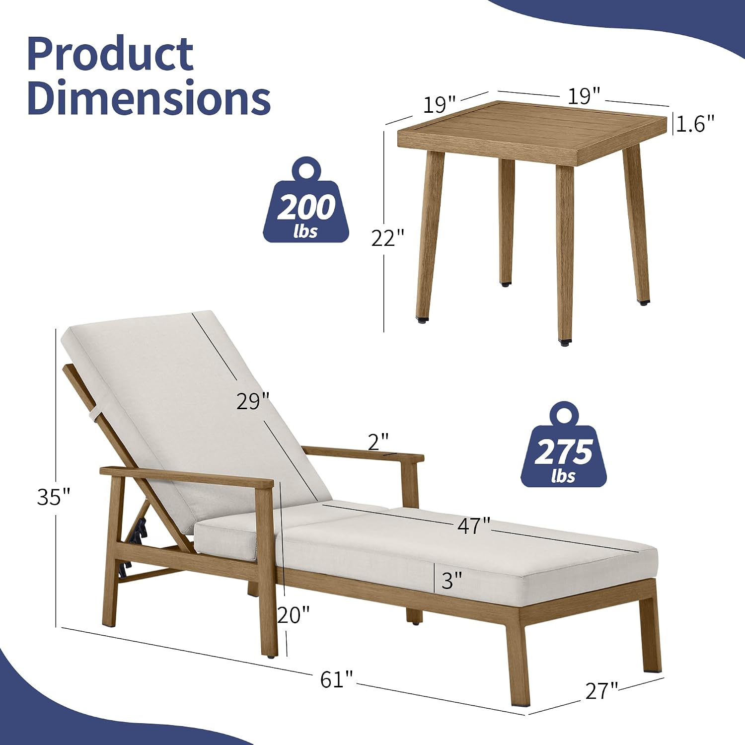 Outdoor Chaise Lounge Set - Aluminum Chaise Lounge + Side Table, 6-Position Adjustable Pool Chaise Lounge Chair with Cushion, Outdoor Pool Recliners Set for Beach, Yard, or Poolside
