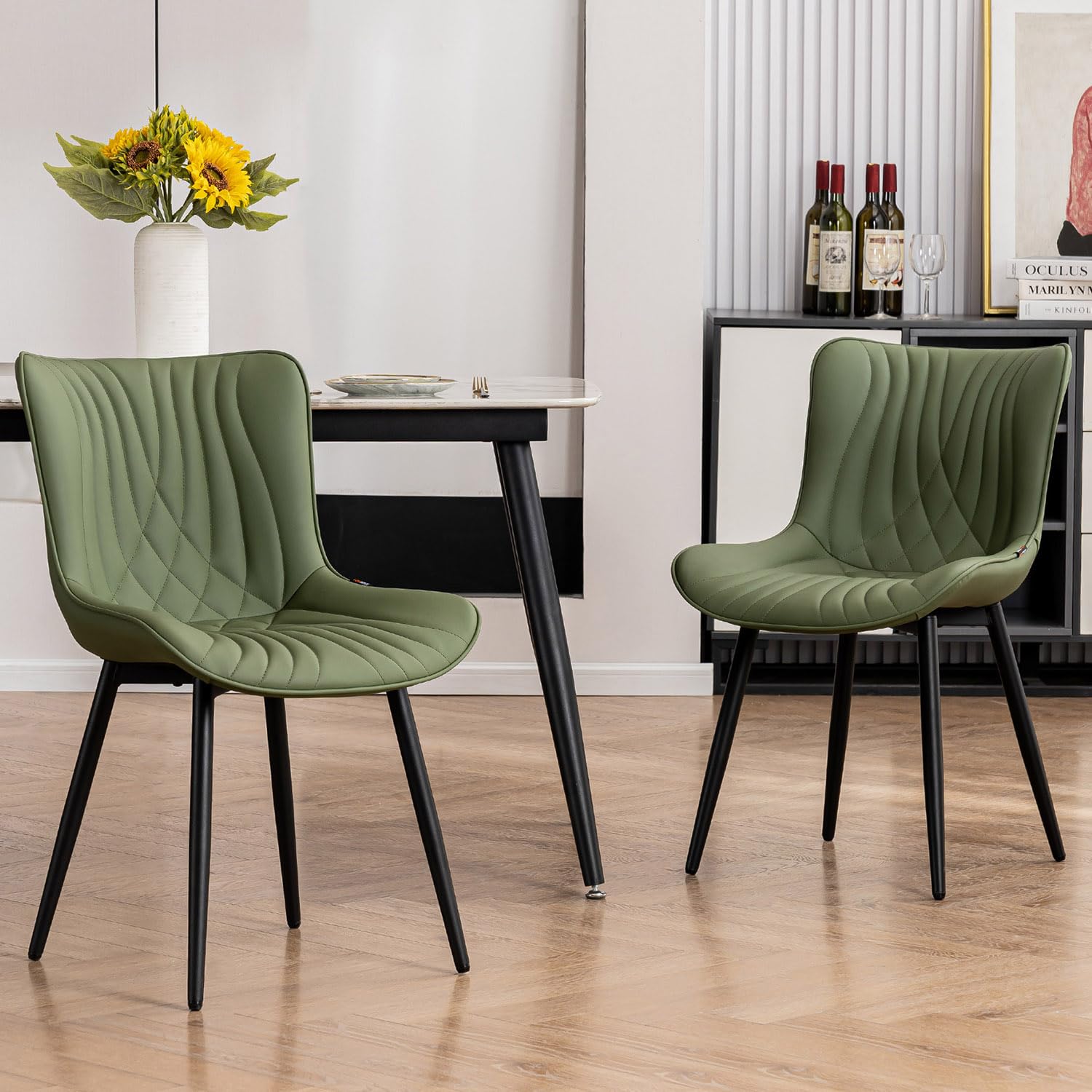Kidol & Shellder Dining Chairs Set of 2, Modern PU Leather Kitchen Chairs for Dining Room, Uplostered Lounge Leisure Chair with Backrest Metal Legs for Living Room, Bean Green