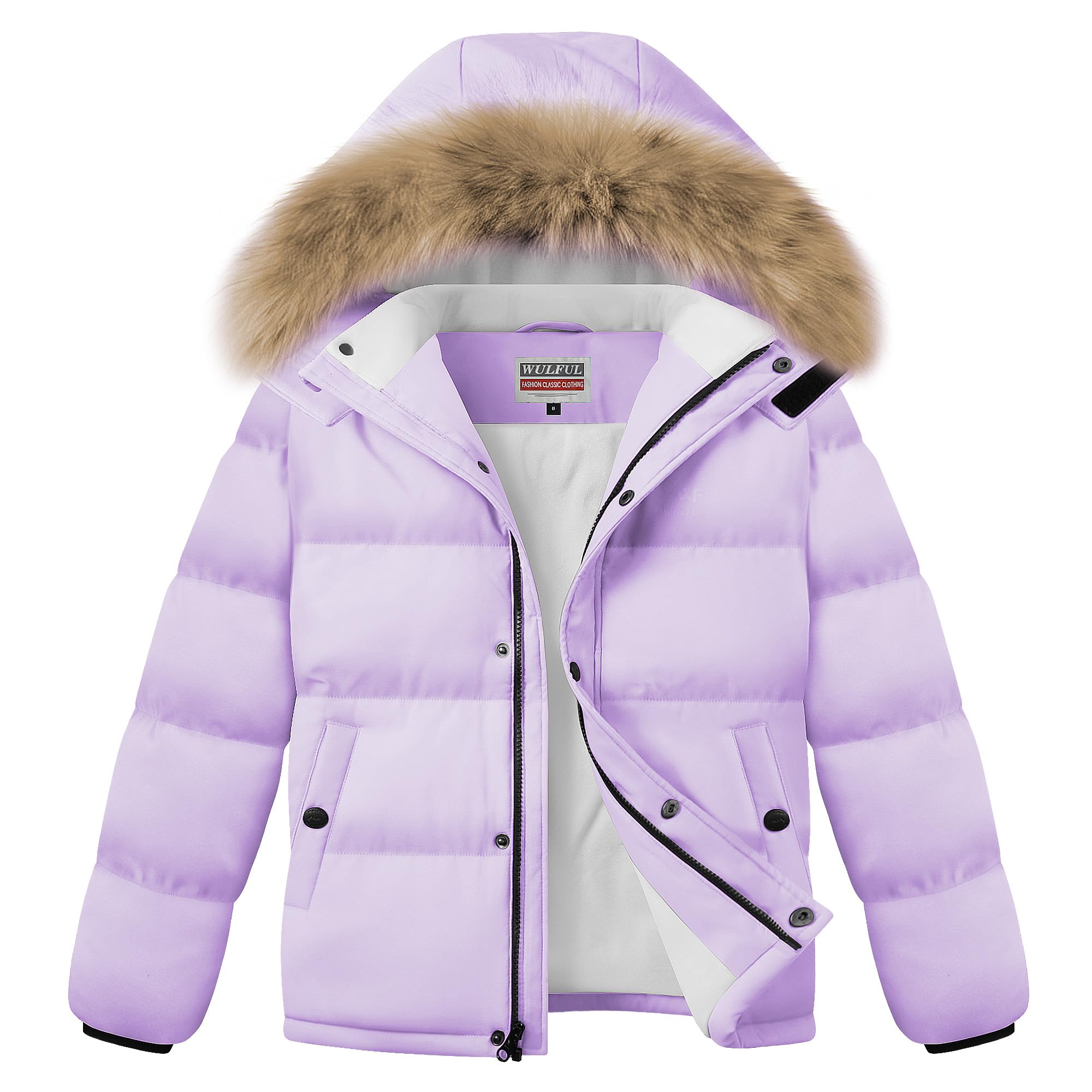 WULFUL Boy's Girls Winter Coats Waterproof Fleece Lined Puffer Jackets Kids Thicken Outerwear With Detachable Hood