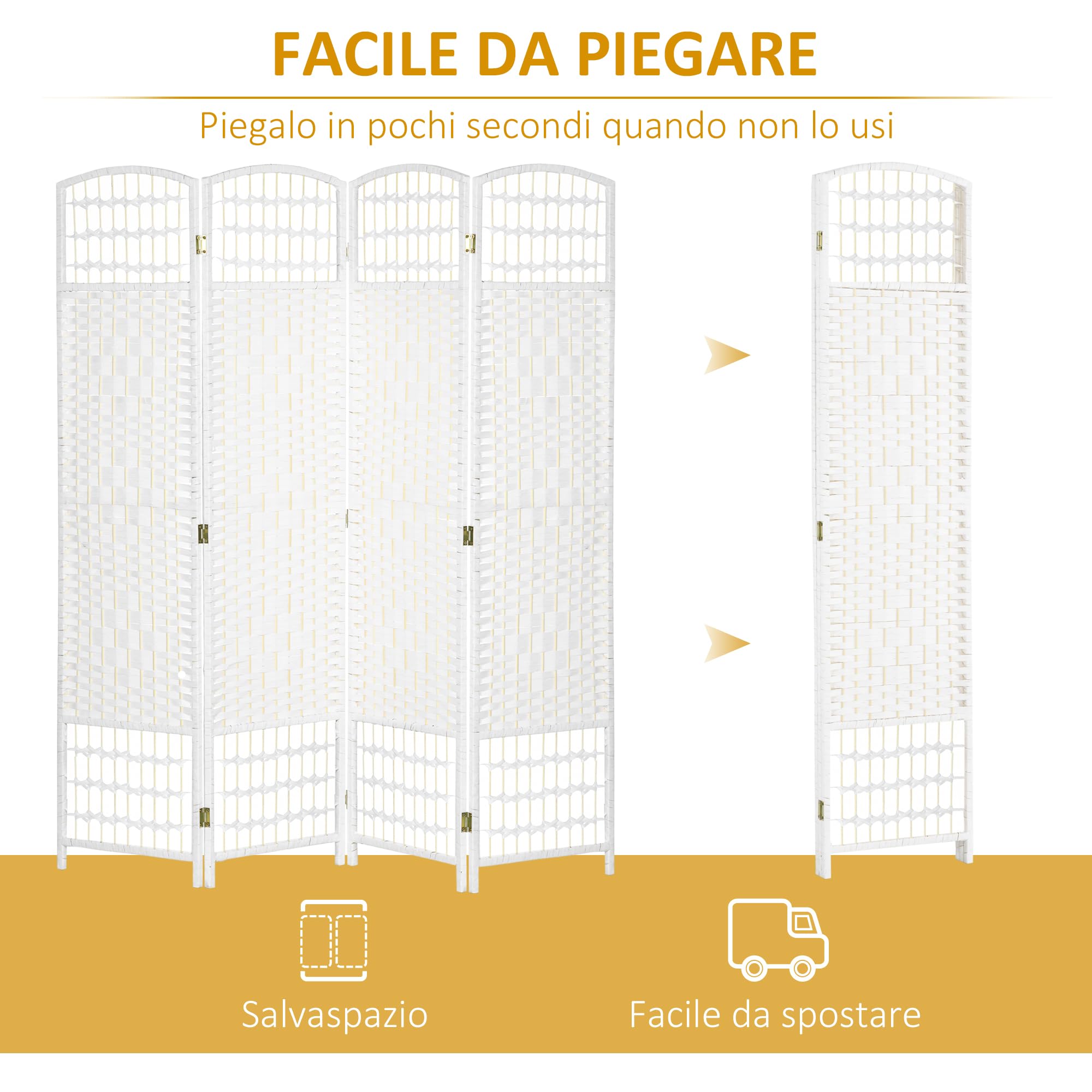 HOMCOM Paravento da Interno a 4 Pannelli Pieghevole, 160x170 cm Separé Divisorio per Ambienti Interno Autoportante Intrecciato in Corda di carta e Legno per Casa, Soggiorno e Ufficio, Bianco