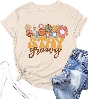 Retro Stay Groovy Shirt Womens Floral Hippie 70s Disco Outfits Casual Short Sleeve Tee Tops