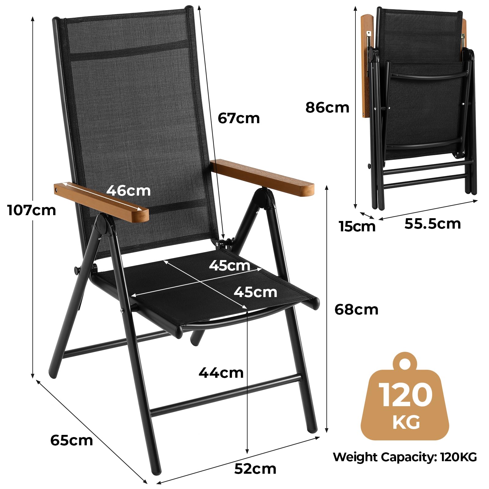 LIFERUN Juego de 2 Sillas de Jardín Plegables de Aluminio con Reposabrazos Imitación Madera, Respaldo Alto Ajustable 7 Posiciones, Transpirables, Portátiles, Silla Exterior de Camping para Terraza