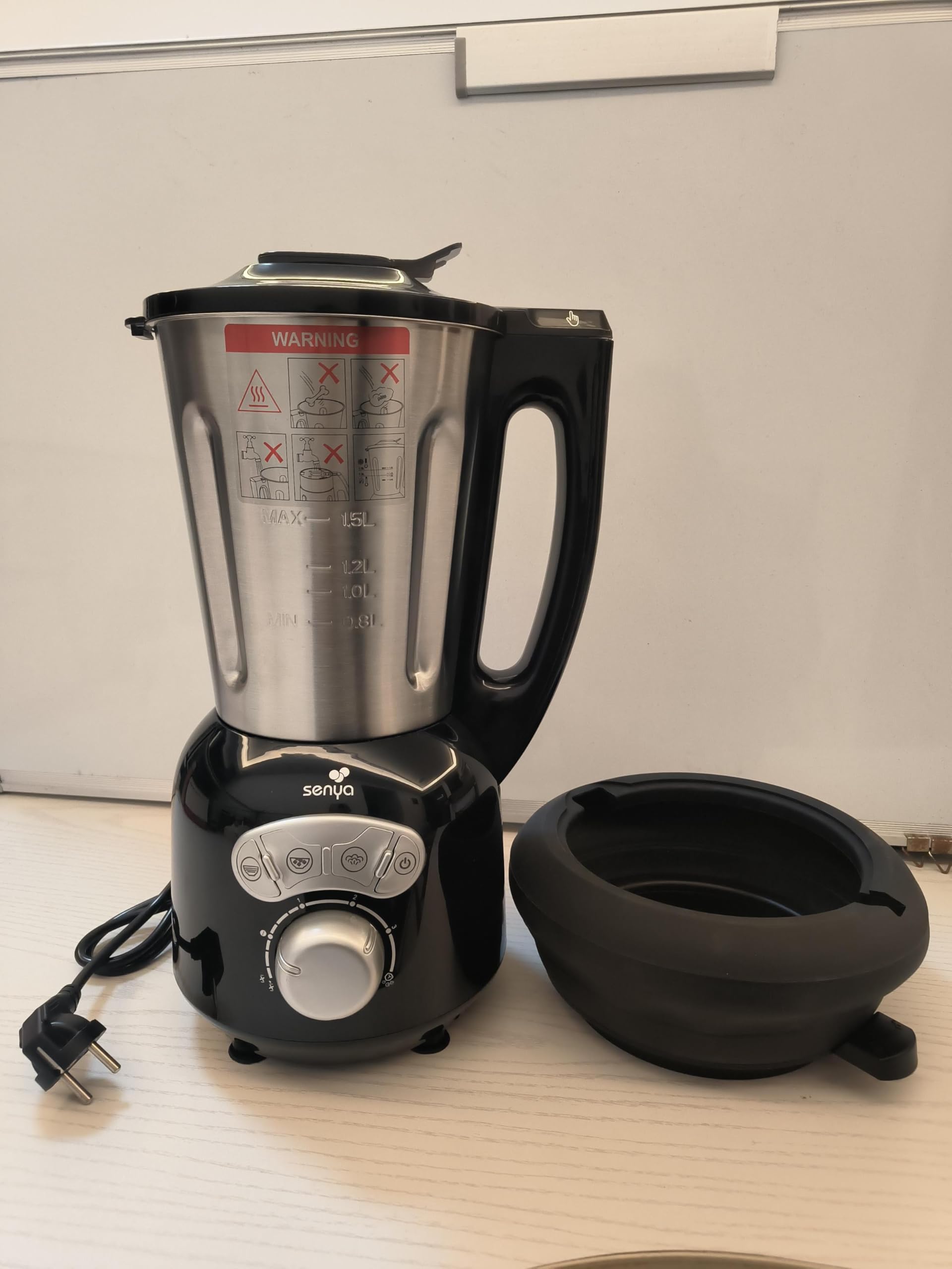 Senya Blender podgrzewany ze stali nierdzewnej Cook & Ice V3 Black, Zupa z aksamitną/mlinowaną zupą, gotowanie na parze, kruszone lody smoothie, 1,5 l, 1400 W, z silikonowym koszem na parze 2L