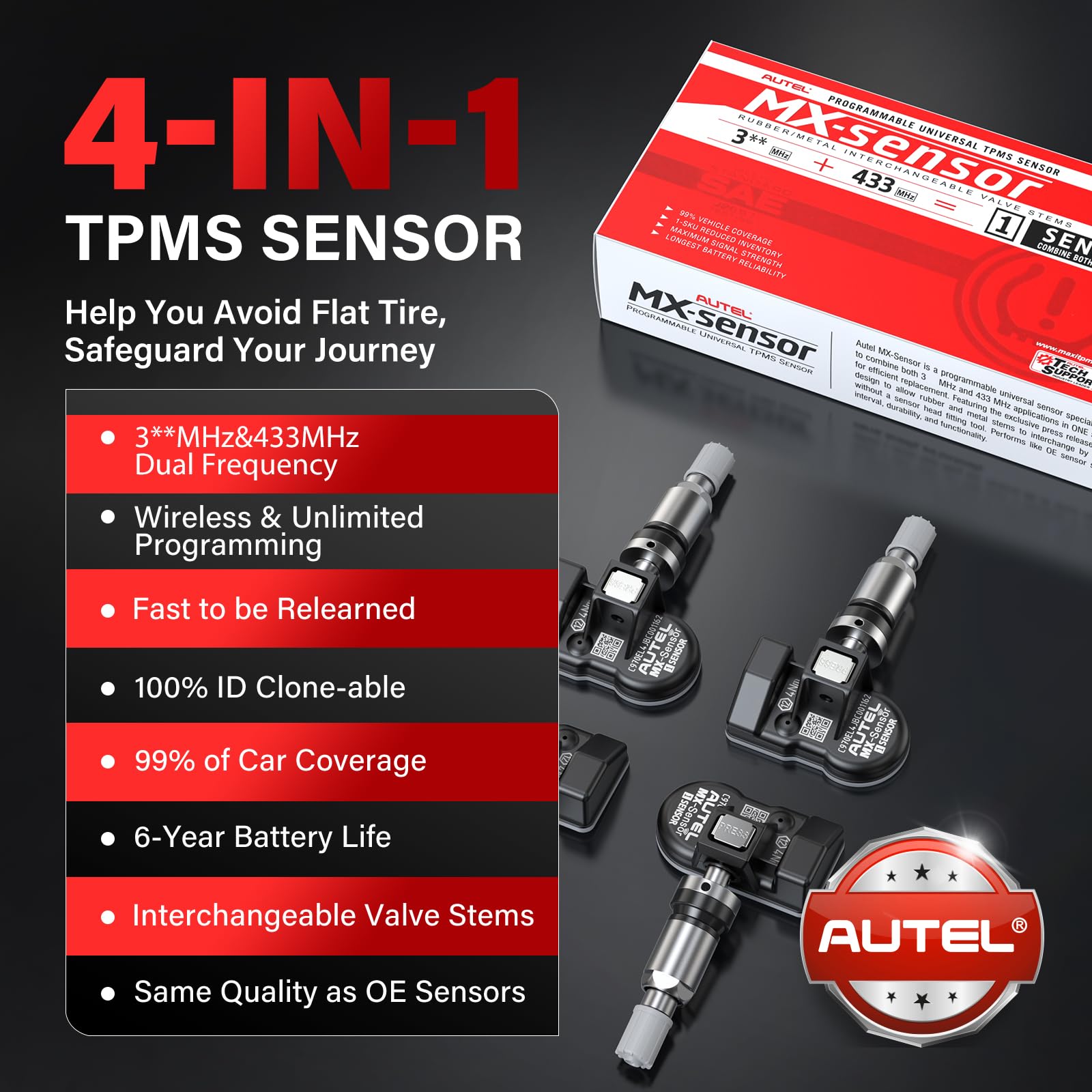 Autel TPMS MX-Sensor Double Fréquence, OE-Niveau Capteurs TPMS Pour 99% Voiture, 100
