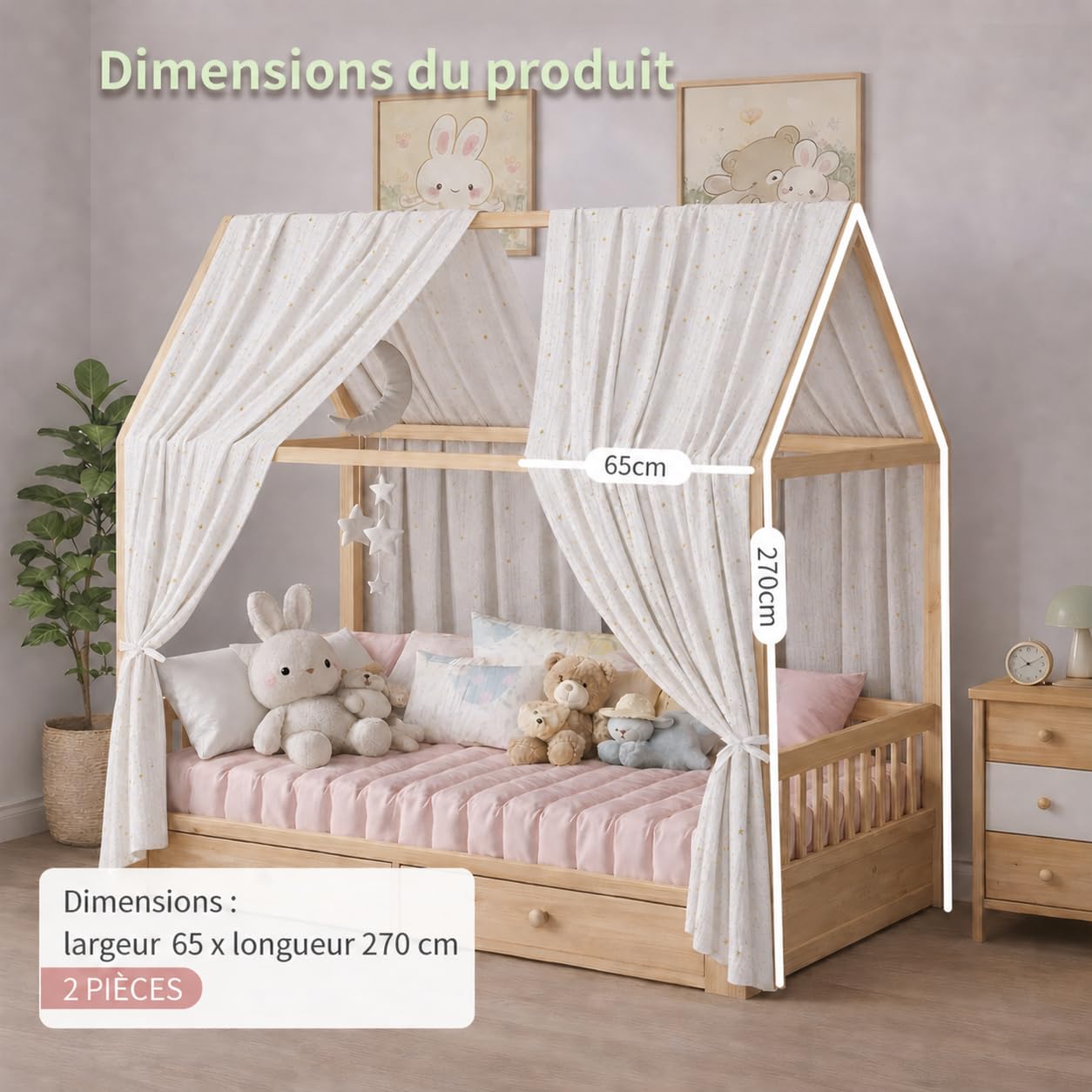 Ciel de lit cabane avec étoiles dorées, Lot de 2 pièces, 100% Coton Mousseline Fait Main, Voilage décoratif pour lit cabane, Filles et garçons（Blanc, 65 X 270 cm）
