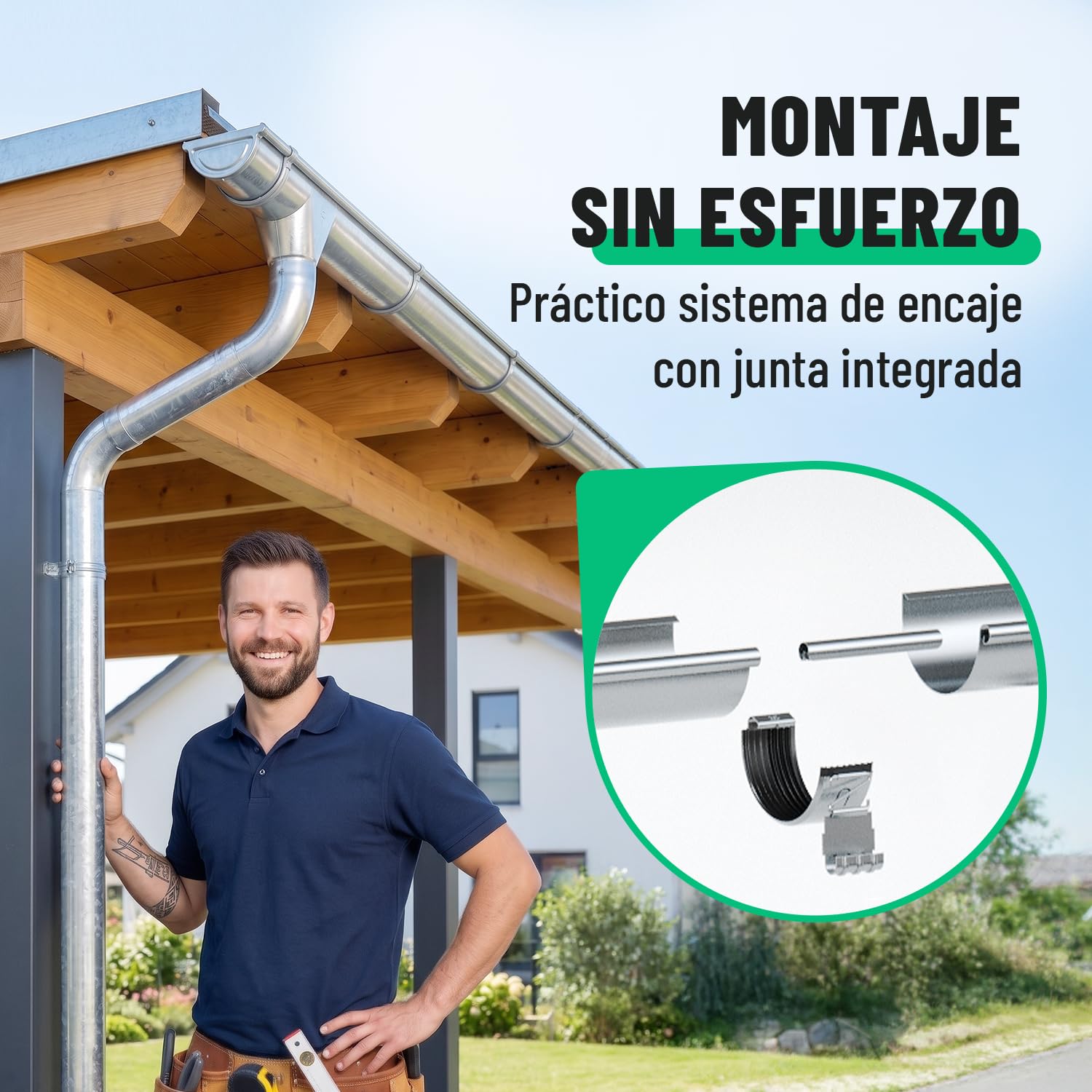 greate Kit Canaleta Agua 10,35 m con bajante galvanizado incl. | instrucciones - 280 Canalon zinc para caseta de jardín, cochera etc. - Canalones y Bajantes montaje fácil