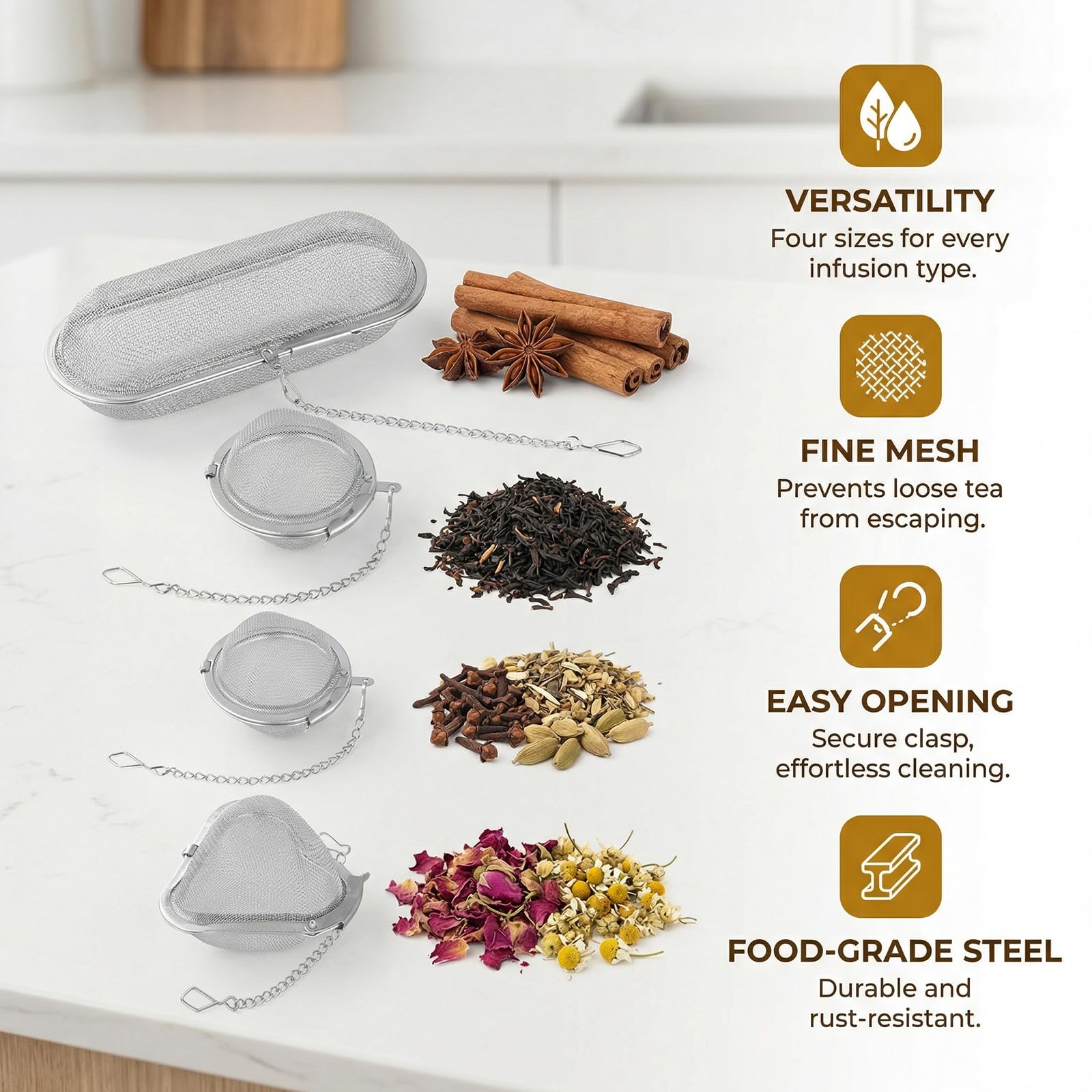 Lot de 4 Boules à Thé et Passoires à Épices en Acier Inoxydable – Infuseur Réutilisable pour Thé en Feuilles, Herbes et Épices avec Chaîne Pratique