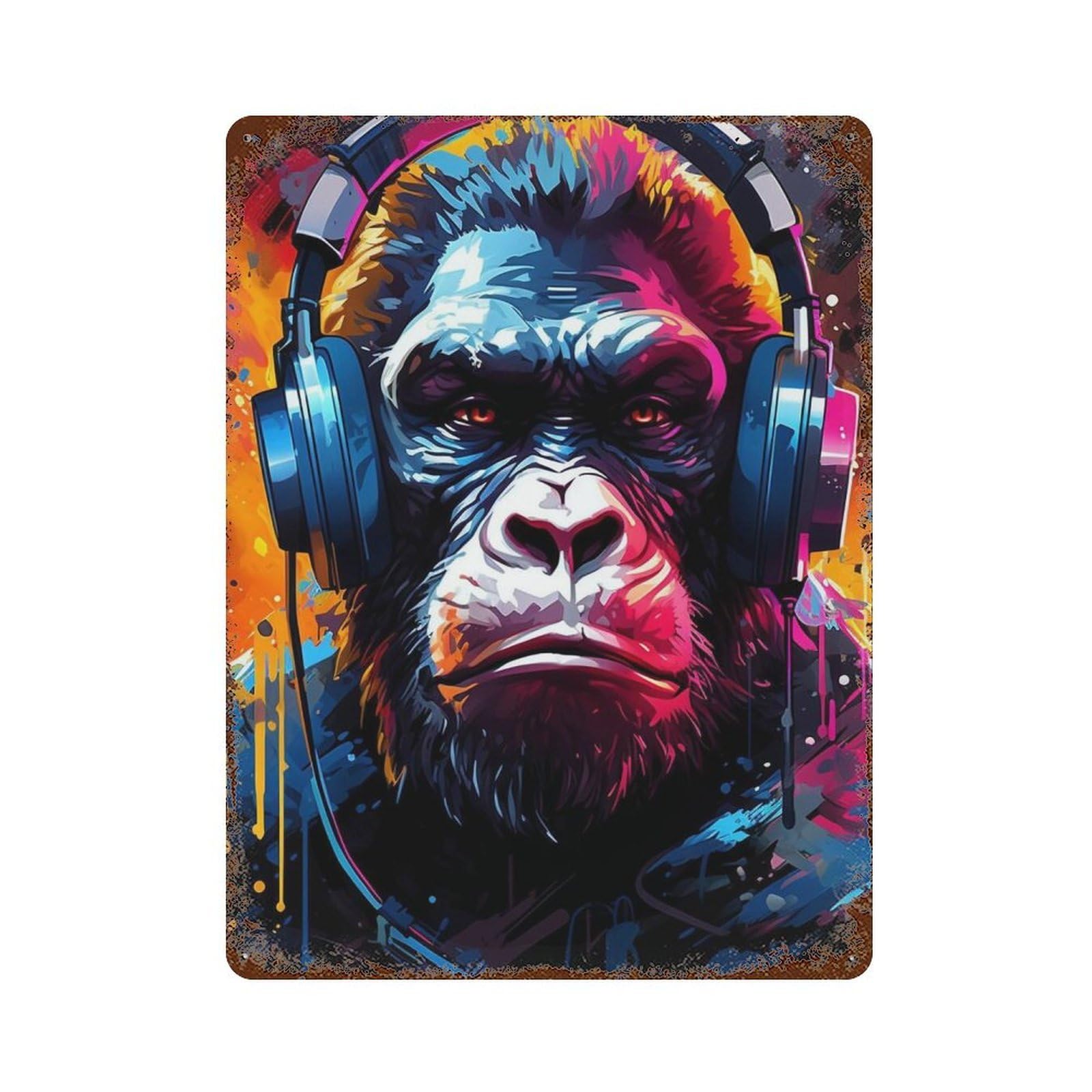 Gorilla Headphones Music Art Print-1 Vintage Rust Metal Sign 15.7"x11.8", Shabby Chic Decor for Living Room, Hallway And Home Decor