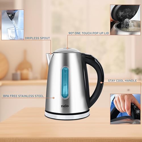 Miniatura 5 de NELO Hervidor eléctrico con 7 ajustes preestablecidos de control de temperatura, pantalla digital de temperatura, luces indicadoras LED