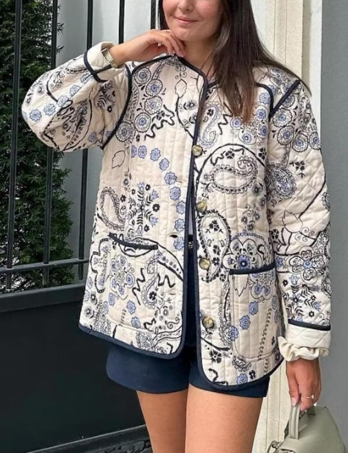 Wyeysyt Women's Cropped Puffer Jacket Button Up Cardigan Floral Print Long Sleeve Lightweight Open Front Quilted Padded Coat(01White-XS)