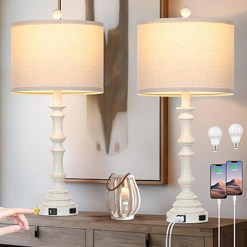 Miniatura 11 de 27.5" Coastal Table Lamp for Living Room Set of 2,Retro Blue Bedside Nightstand Lamps with USB C+A Ports & AC Outlet,3-Way Dimmable Touch Control
