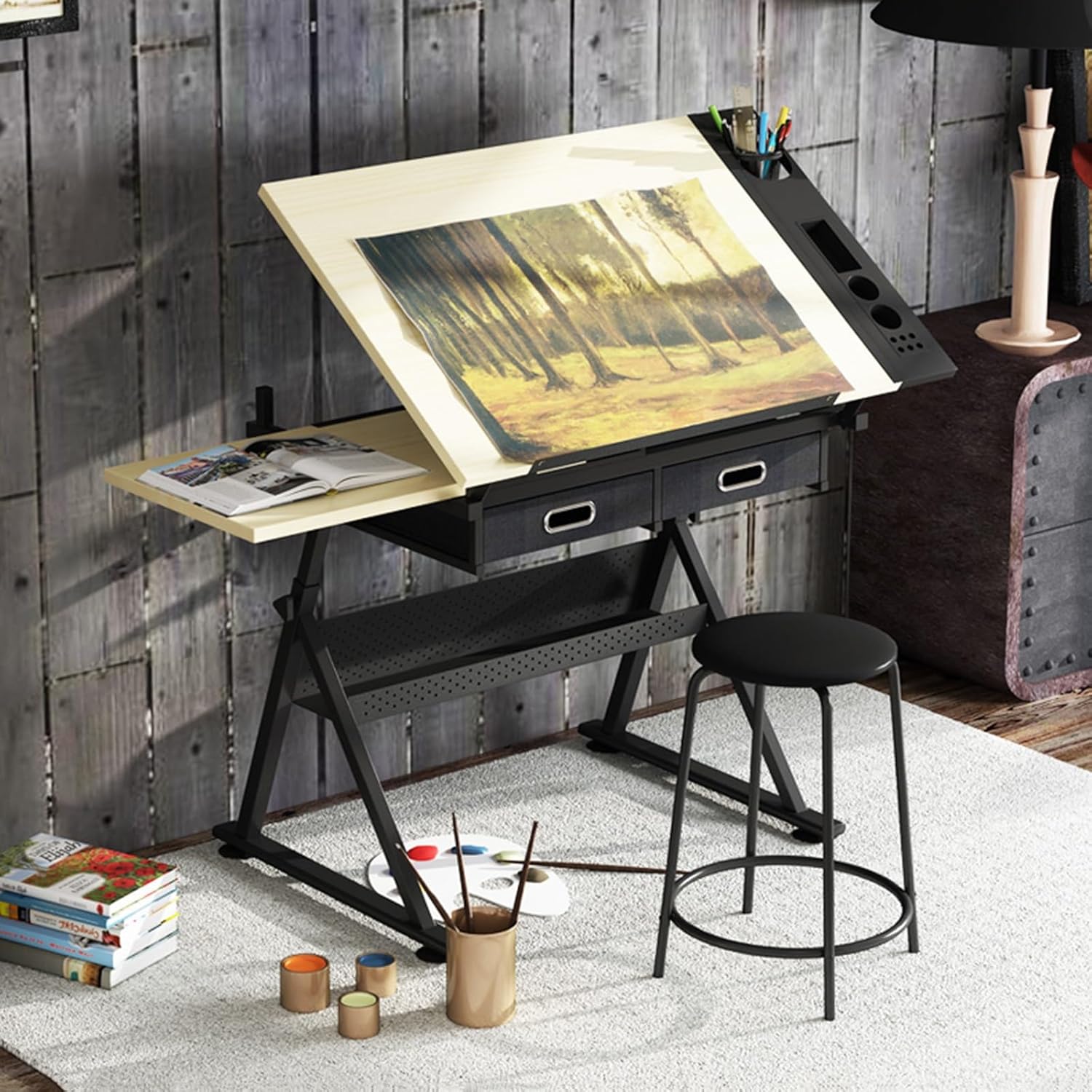 Art Craft Desk Workstation Set Artist Desk Height & Angle Adjustable w/Stool and Storage Drawers, Side Trays, and Pencil Ledge for Reading, Writing, Crafting,Wood-38.6" L*23.6M*26.8-35.