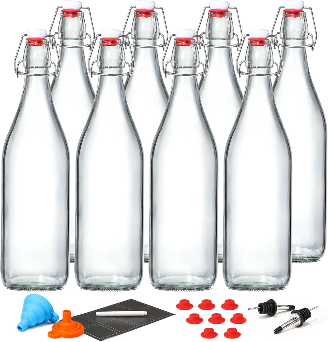 8 Pack [1 L / 33 fl. oz.] Swing Top Glass Bottles w/ Airtight Stopper Lids – Flip Top Brewing Bottle for Fermentation, Kombucha, Mead, Vinegar, Beer, Kefir, Wine, Soda – With 8 Extra Seals & 2 Pourers