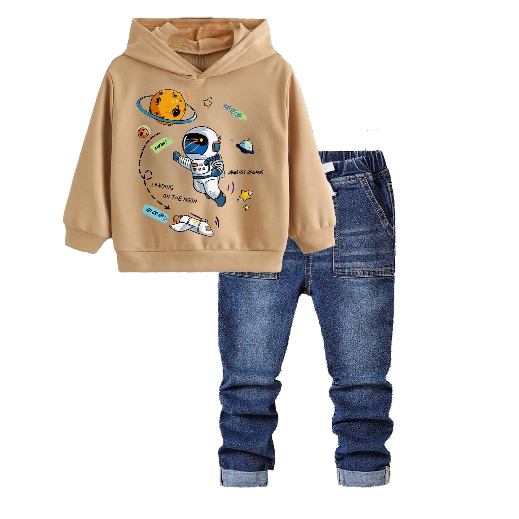 Asbabiy Boys 2 Piece Outfits Astronaut & Slogan Graphic Long Sleeve Hoodie Top Sweatsuit and jeans Pants for 2-9 Years