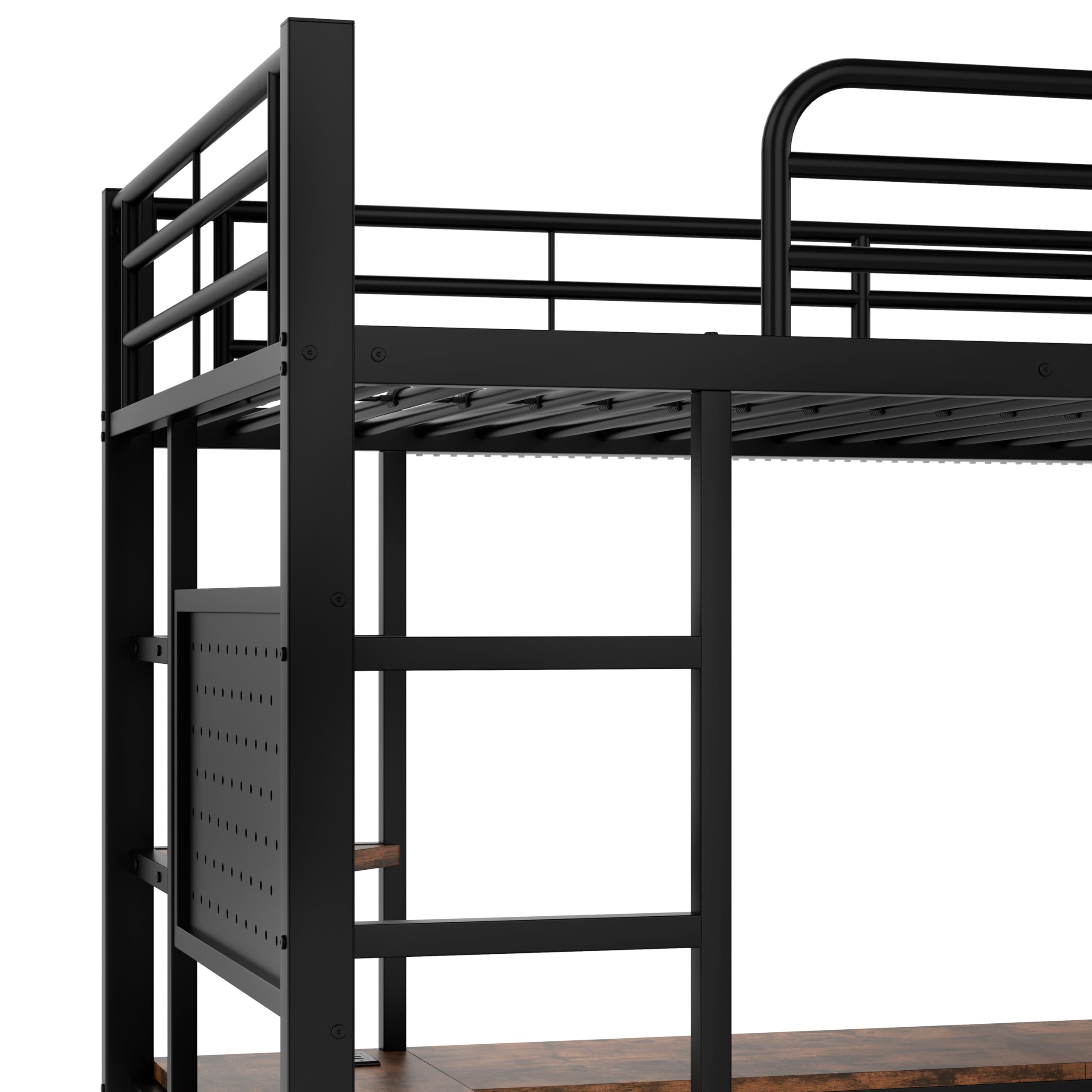 Moimhear Cama alta, marco de hierro, escritorio, barandilla, escalera de tijera, varios estantes, con USB+Type-c, con barra LED, con tabla perforada, sin colchón (negro, 90 x 200 cm)